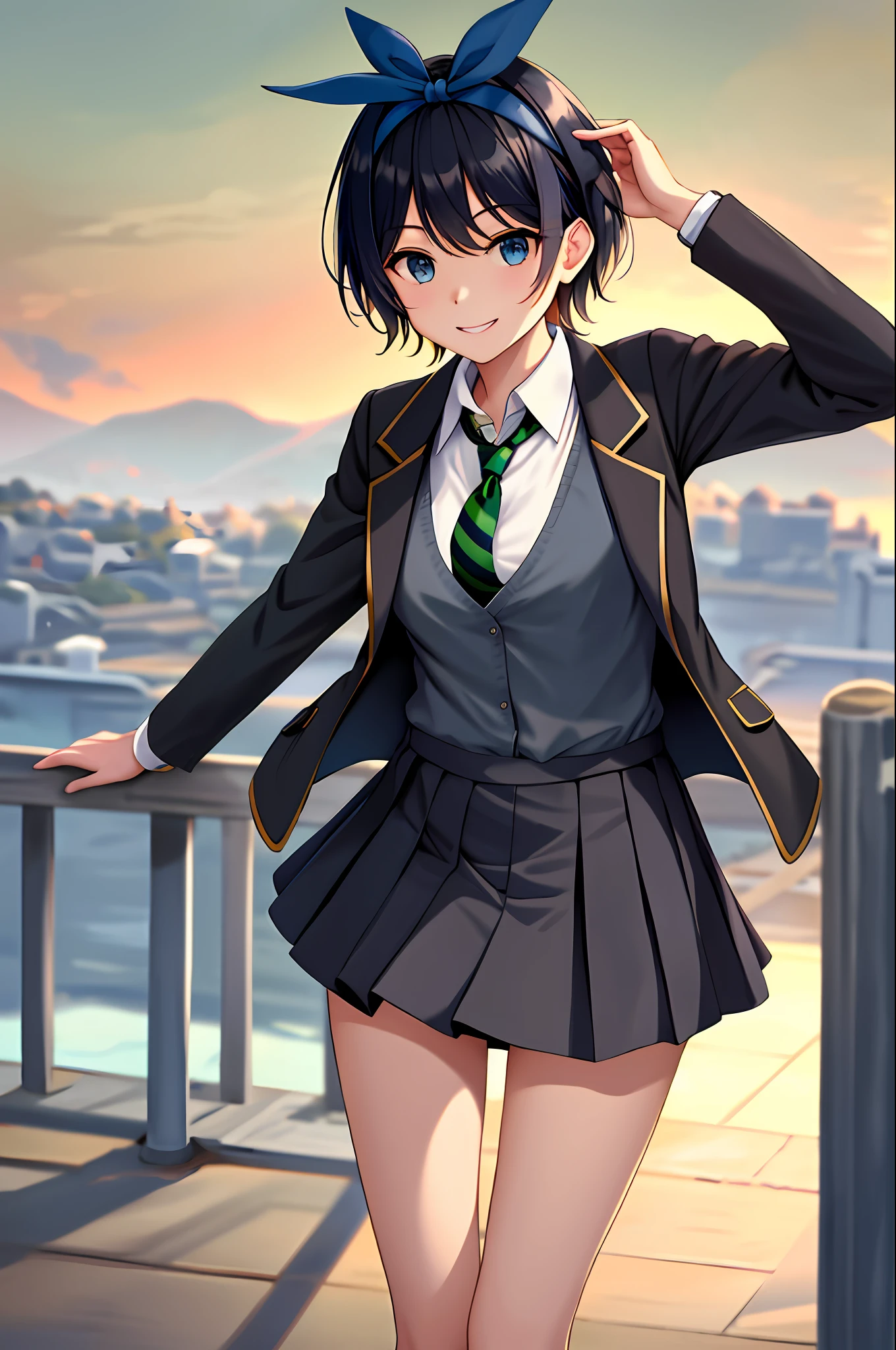 masterpiece, best quality, highres, 1girl, solo, skirt, jacket, shirt, blue eyes, white shirt, necktie, green necktie, black hair, pleated skirt, socks, diagonal-striped necktie, open jacket, open clothes, striped necktie, collared shirt, black jacket, black skirt, striped, blazer, short hair, long sleeves, bangs, school uniform, black socks, diagonal stripes, hairband, hair ribbon, ribbon, blue hairband, dress shirt, bow,  cowboy shot, smile,