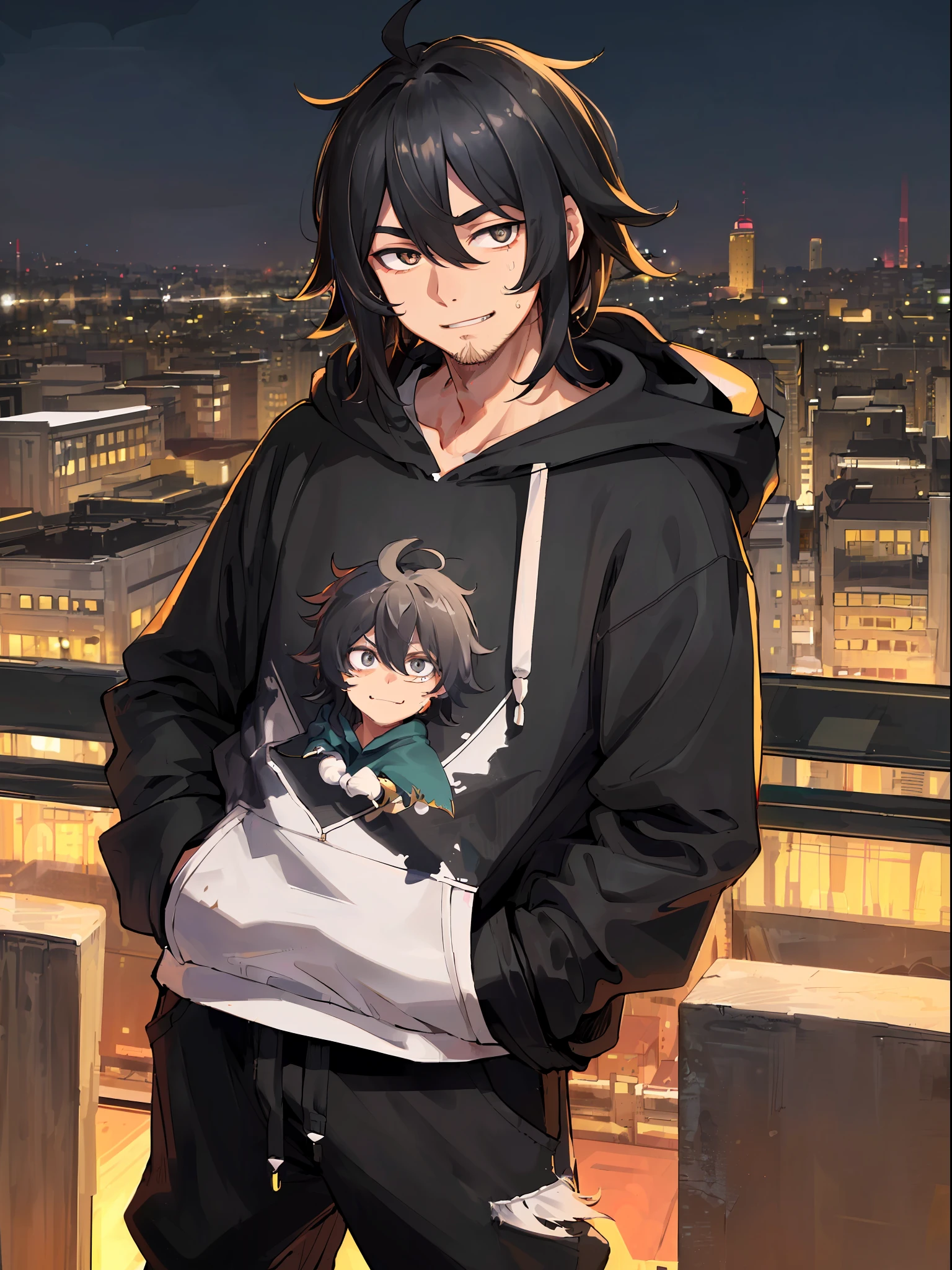 ((highest quality, masterpiece, 4k, finely detailed, detailed eyes, detailed face, gelbooru, pixiv)), ((solo)), 1 male, (handsome, masculine, adult male, broad shoulders), ((chin stubbles)), (smiling with fangs showing, looking at viewer), ((lazy eyes, tired eyes, half-lidded, eyebags under eyes, black eyes with white pupils)), ((dark hoodie, sweatpants)), ((black hair, medium length hair, shaggy hairstyle, messy hair)), (city background at night, bird's eye view, standing with hands in pockets)