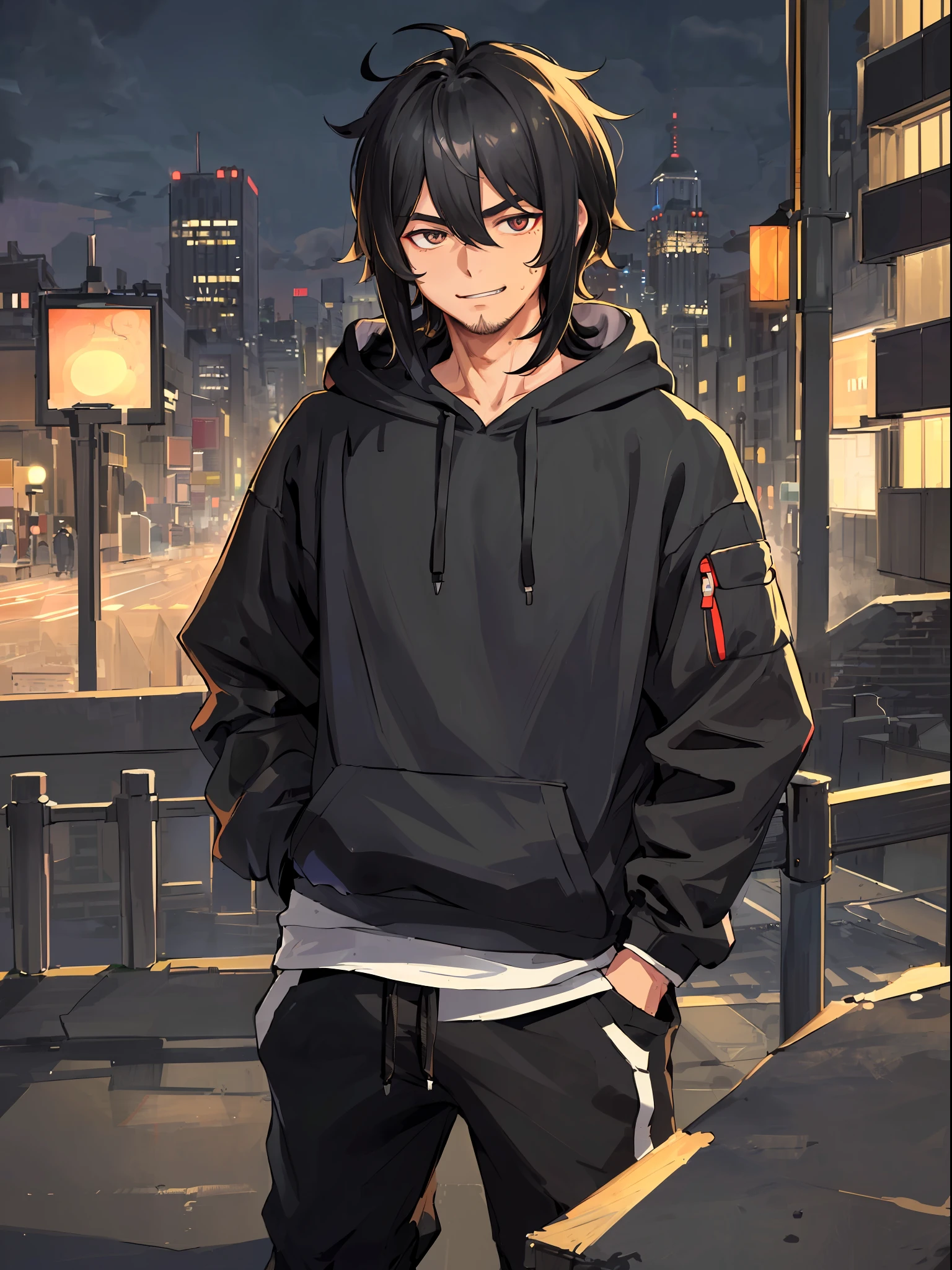 ((highest quality, masterpiece, 4k, finely detailed, detailed eyes, detailed face, gelbooru, pixiv)), ((solo)), 1 male, (handsome, masculine, adult male, broad shoulders), ((chin stubbles)), (smiling with fangs showing, looking at viewer), ((lazy eyes, tired eyes, half-lidded, eyebags under eyes, black eyes with white pupils)), ((dark hoodie, sweatpants)), ((black hair, medium length hair, shaggy hairstyle, messy hair)), (city background at night, bird's eye view, standing with hands in pockets)