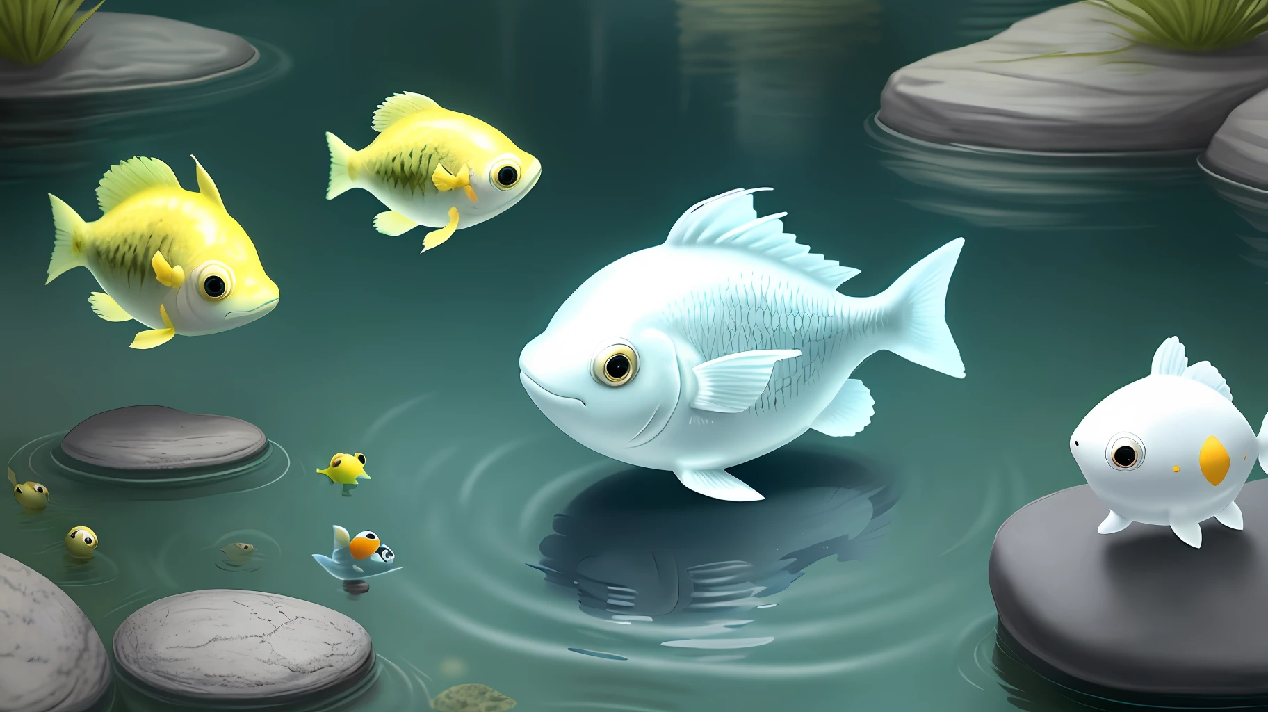 The little tadpole swam past a rock, and a big white fish appeared in front of him, the big white fish kindly asked the little tadpole if she wanted to find her mother, the little tadpole nodded, and the big white fish said that he could help the little tadpole find her mother.