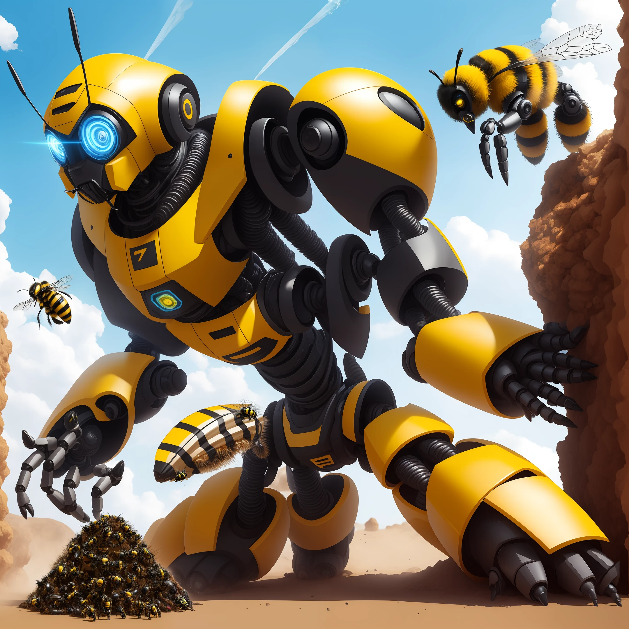 robot bumble bee on the attack, Anthill, giant, 4k