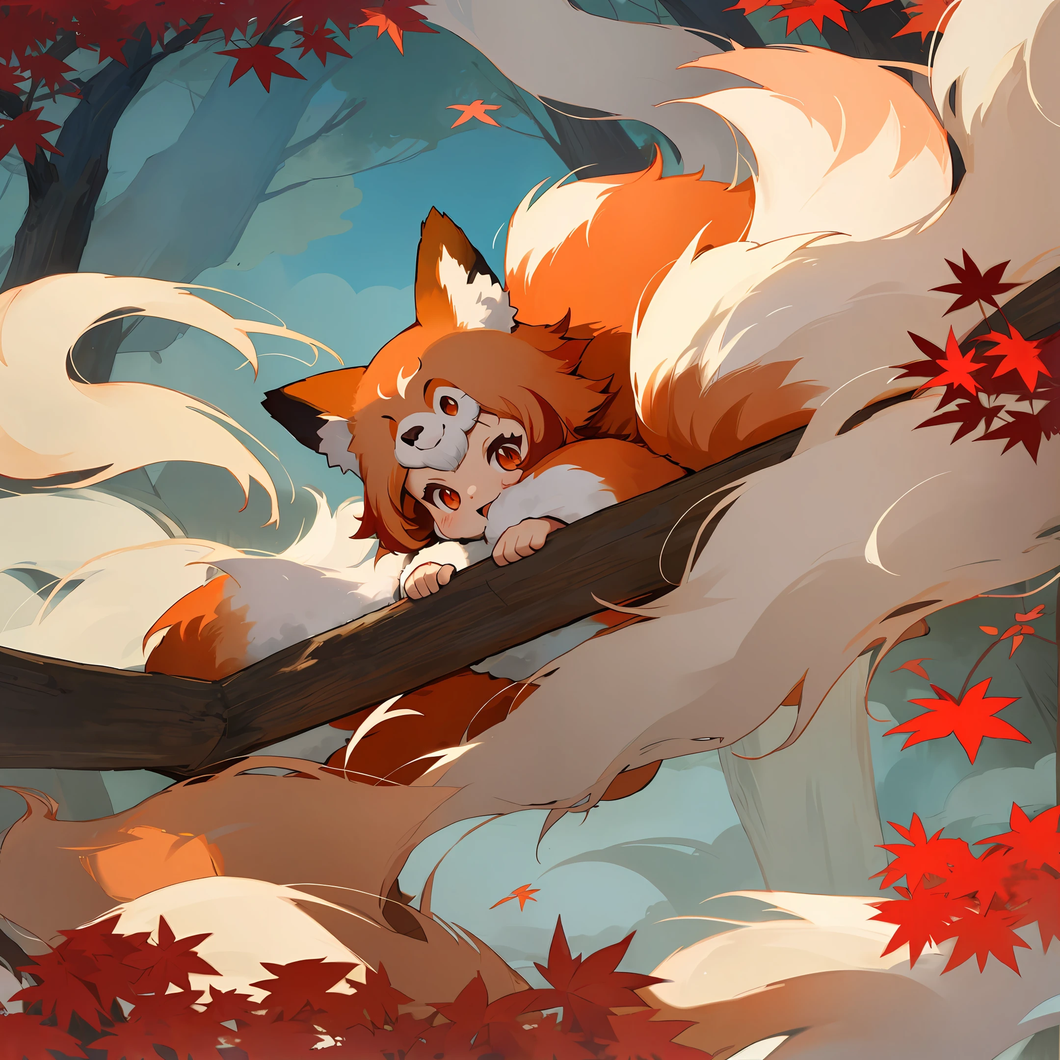 red panda, ninetails, Japanese maple forest