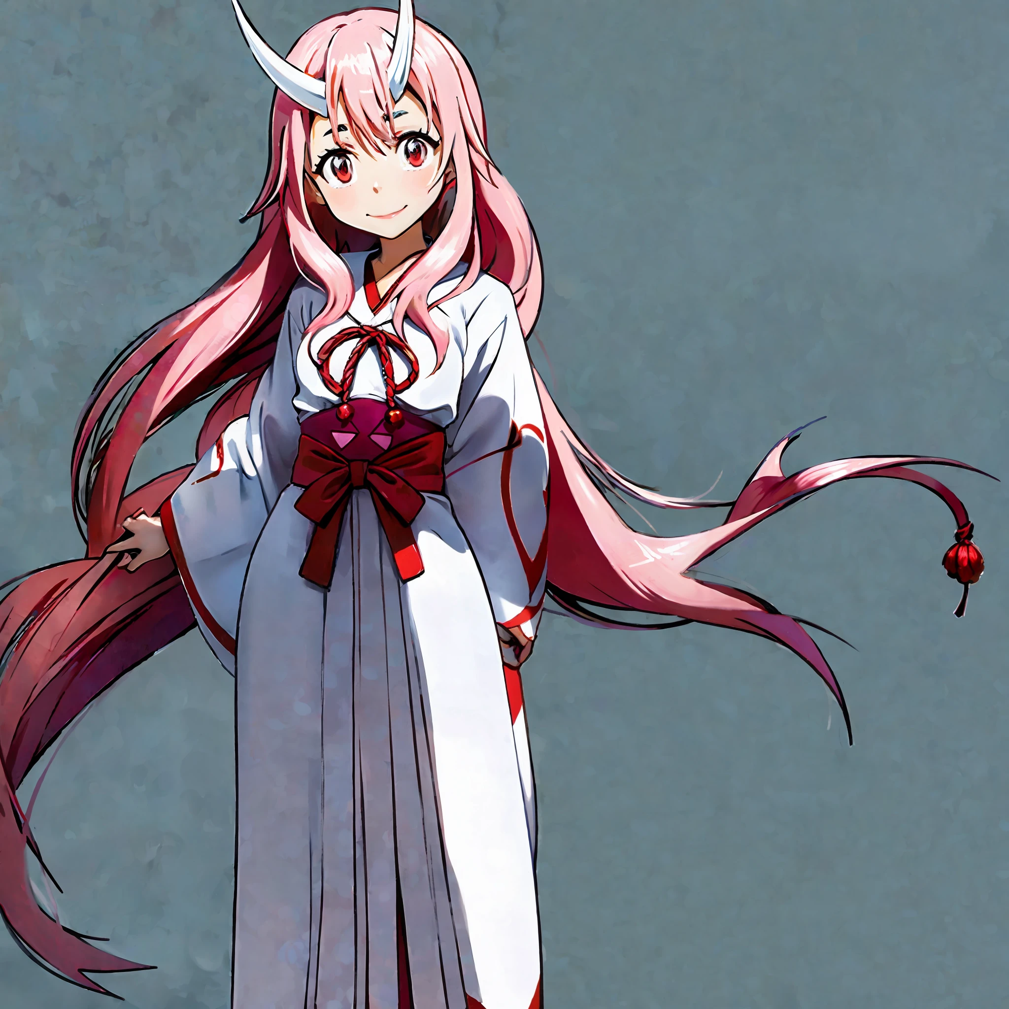 shuna, 1girl, arm behind back, hair ornament, hakama, hakama skirt, horns, japanese clothes, kimono, long hair, looking at viewer, miko, oni, oni horns, pink eyes, pink hair, red eyes, red hakama, red ribbon, ribbon-trimmed sleeves, ribbon trim, simple background, skirt, smile, solo, standing, very long hair, white background, white kimono, wide sleeves