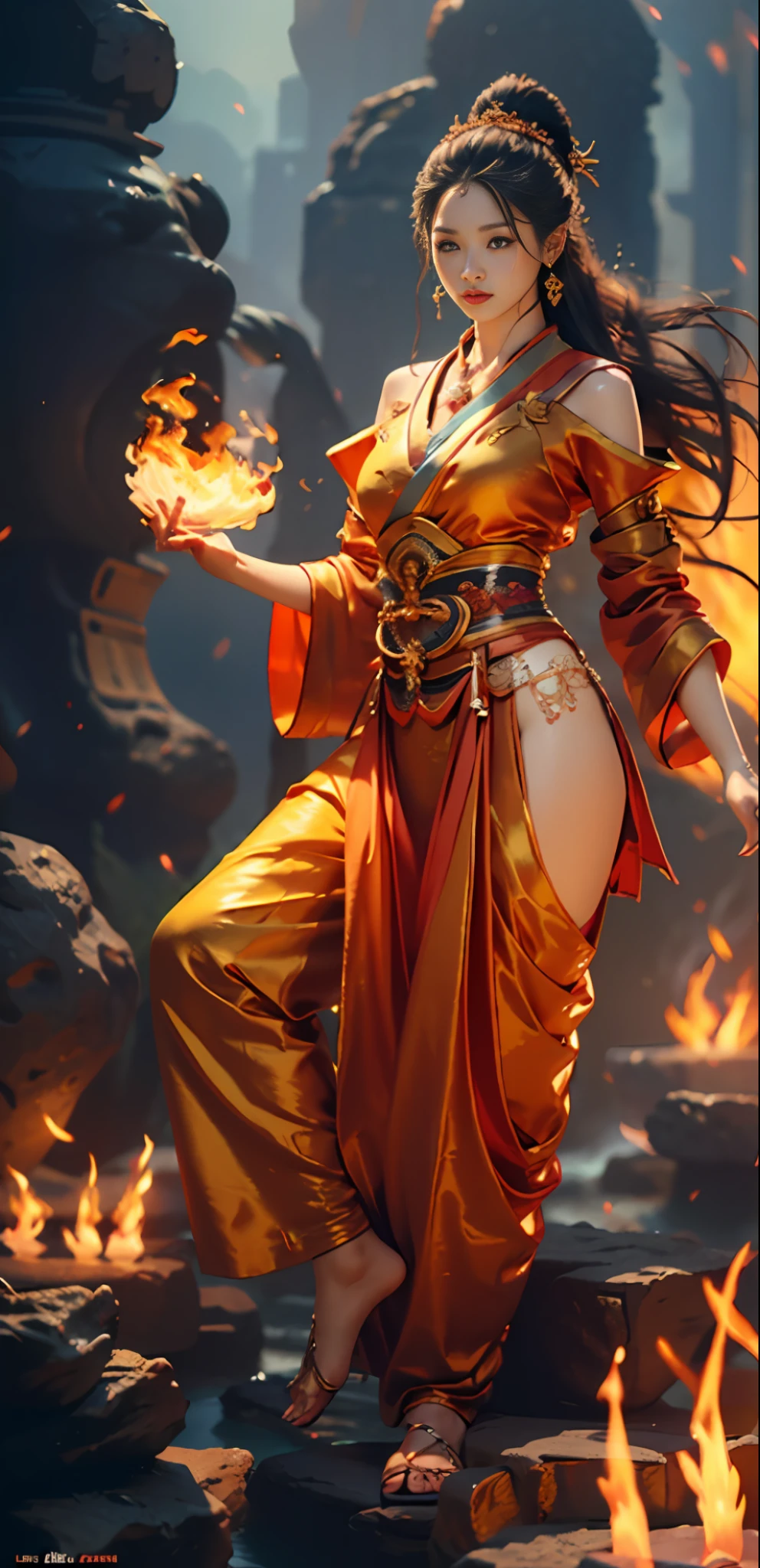 Best quality,masterpiece,ultra high res,(photorealistic:1.4)1girl,beautiful_face,detailed skin,full body,yuhuoshu,jewelry,solo,earrings,(fire:1.3),blurry,realistic,lips,