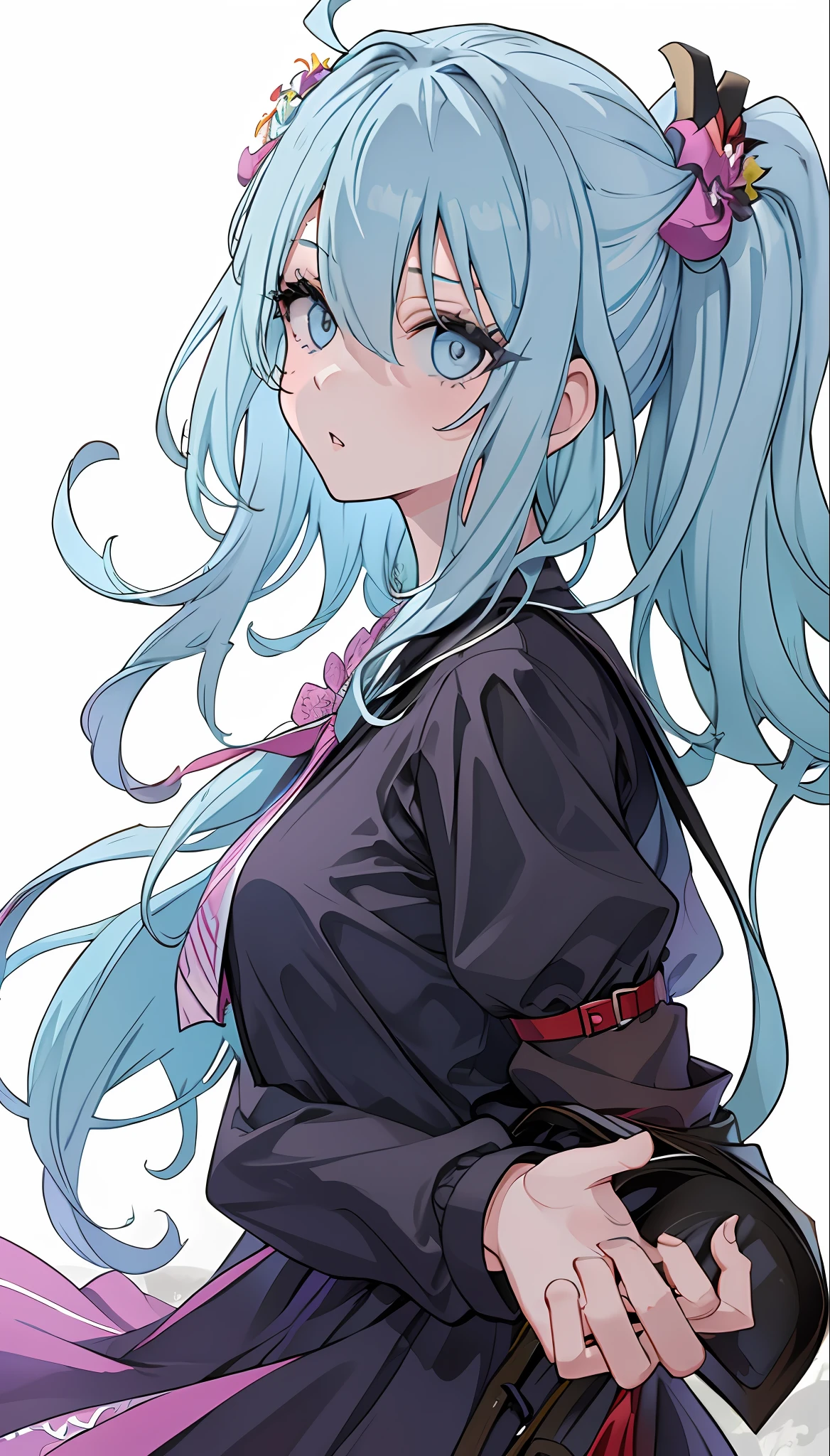 (masterpiece), (best quality), (ultra detailed),(disheveled hair),(illustration), (1girl), (Fashionable clothing), standing, Fashion model, looking at viewer, (interview), (simple background),beautiful detailed eyes, delicate beautiful face, Floating,(high saturation),(colorful splashes),colorful bubble,(shining), focus on face, ponytail, kamisato ayaka, light blue hair, bangs, hair ring, floating flowers, floating hairs, (shining), best lighting, best shadow,