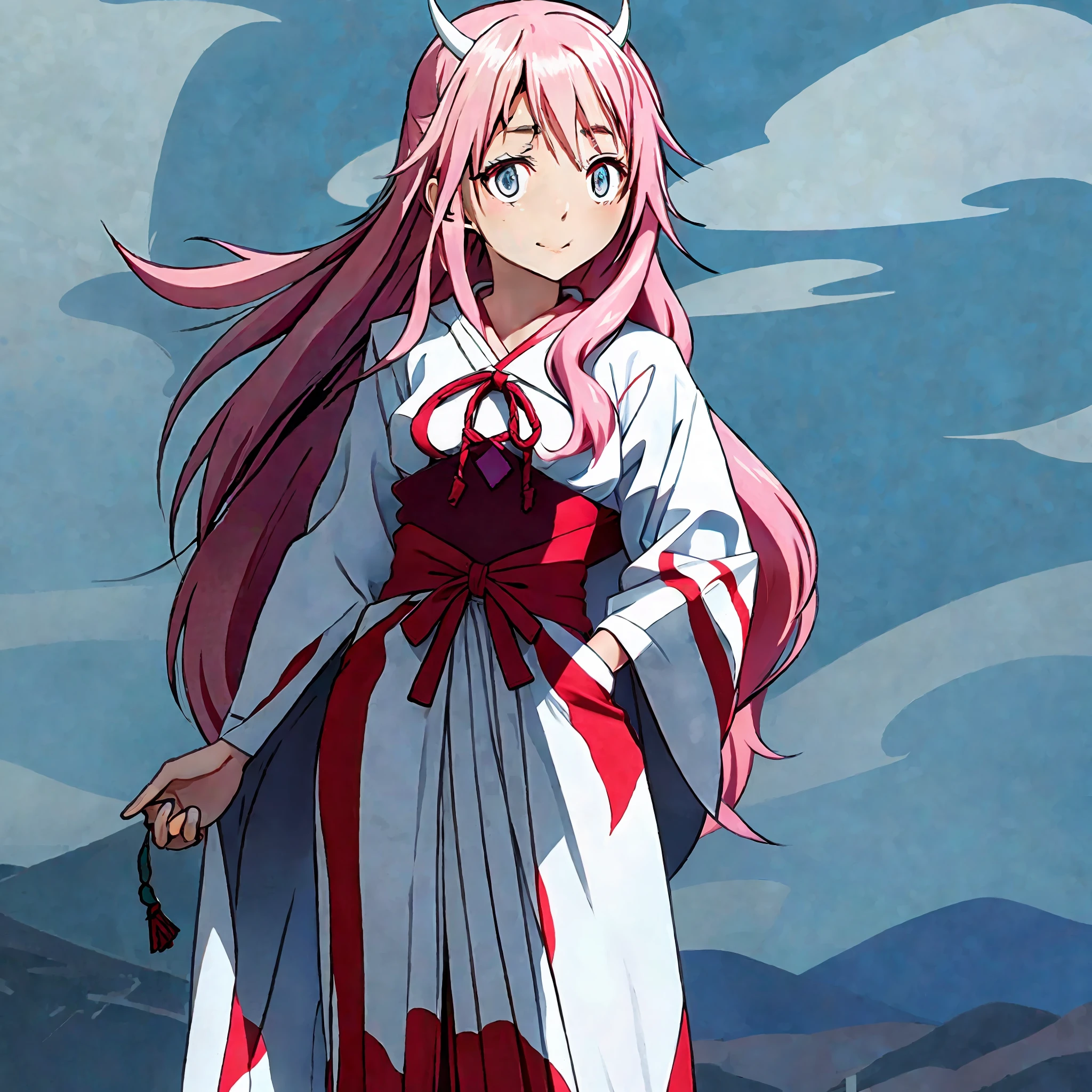 shuna, 1girl, arm behind back, hair ornament, hakama, hakama skirt, horns, japanese clothes, kimono, long hair, looking at viewer, miko, oni, oni horns, pink eyes, pink hair, red eyes, red hakama, red ribbon, ribbon-trimmed sleeves, ribbon trim, simple background, skirt, smile, solo, standing, very long hair, white background, white kimono, wide sleeves