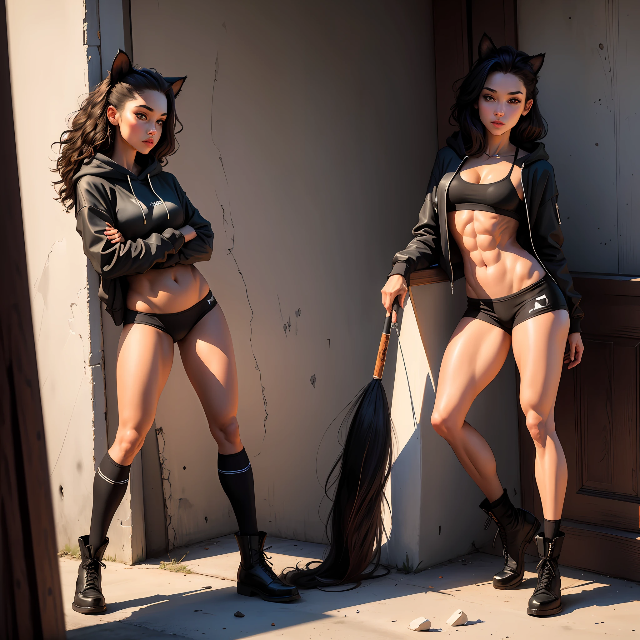 (RAW photo:1.2),(photorealistic:1.4),(masterpiece:1.3),(best quality:1.4), (ultra high res, HDR,8k resolution), (highly detailed textures).raw(full body photo), 21 year old, toned, , abs, bump, thighs, muscles, flexing, sharp big cat ears, cat tail, big black messy hair, extremely vibrant red eyes, masterpiece, vibrant, sexy , slim dark black hoodie, full body view, cute face, black thigh socks, combat boots.
