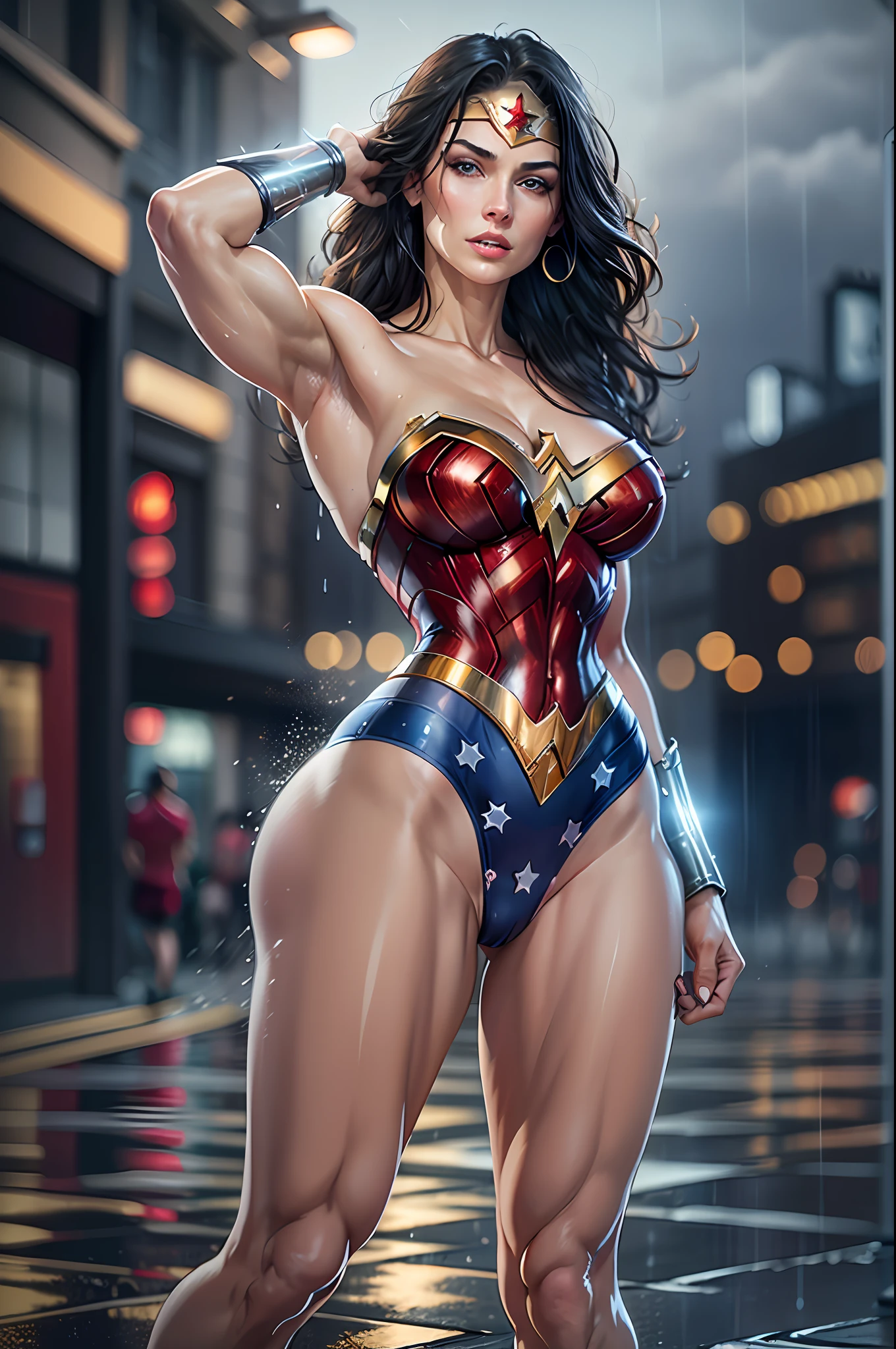 ((top quality)), (8k, RAW photo, best quality, masterpiece:1.2), (realistic, photo-realistic:1.4), (Victoria's Secret Model Wonder Woman), Wonder Woman, 1girl, single, solo, solo, full body, from side, facing the viewer, fighting stance, (clenching fists), serious, parted lips, (intricate details, makeup), (delicate and beautiful delicate face, delicate and beautiful delicate eyes, face with perfect proportions), (realistic moist skin: 0.5), (drenched body: 0.9), (wet skin), wet hair, high-detail skin, delicate skin, best proportions four fingers and one thumb, strong and realistic blue eyes, realistic black hair, lips, makeup, natural skin texture, tiara, leotard, bulletproof cuffs, red boots, (public clothing:1.3), slightly sunburned skin tone, mature, sexy, elastic muscles, (muscles:1.2), ((strong and healthy body)), ((((more) muscles))), long legs, curves, thick thighs, wide buttocks, thin legs, (big breasts: 1.2), thin waist, soft waist, (delicate skin), (beautiful and sexy woman), (swollen lips:0.9), (eyelashes:1.2), very delicate muscle definition, cityscape, night, rain, ((wet)), professional lighting, photon mapping, radiosity, physically-based rending, detailed background, (storm cloud:0.7), (stormy weather:0.5),