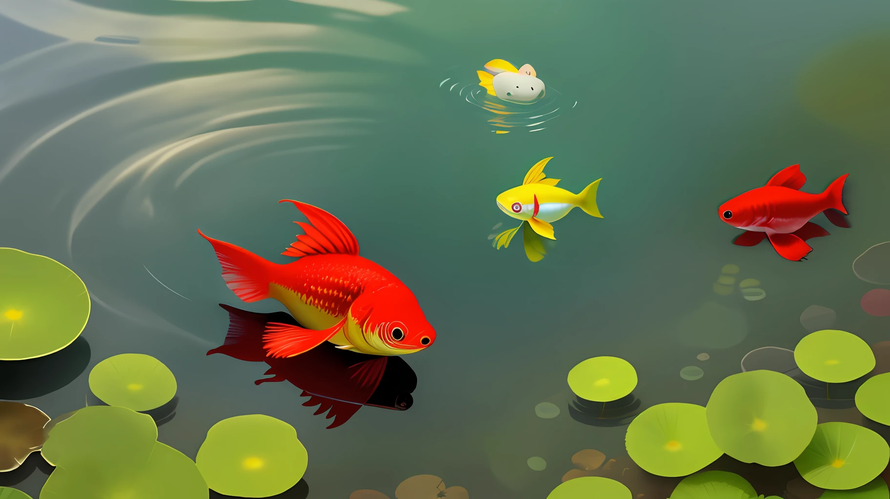 A bright red flower appears in front of the little tadpole and the big white fish, which says to go and look for the traces of its mother, but it cannot walk among the petals, and the little tadpole is asked to find it itself.