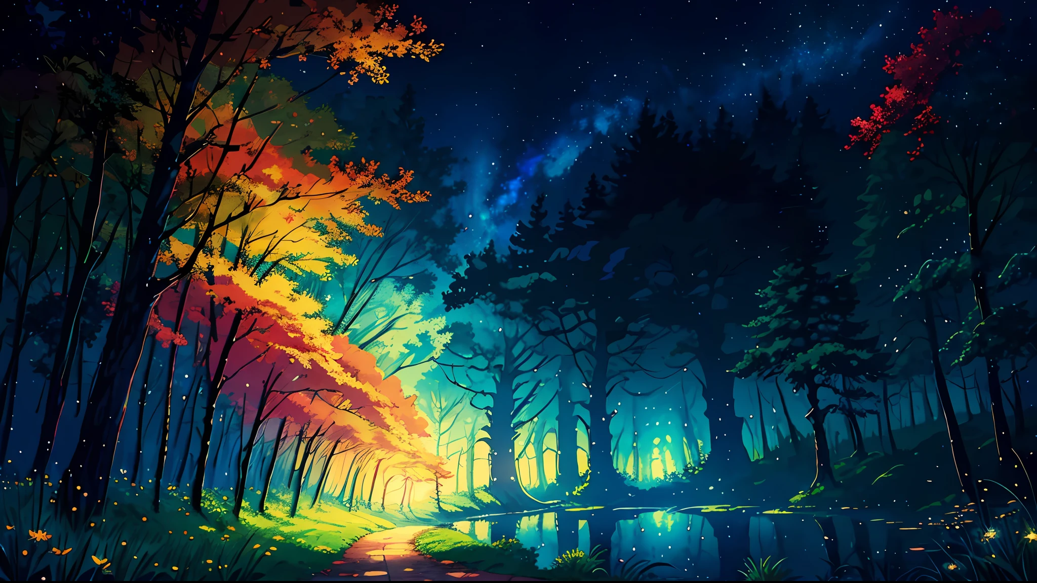 illustration, cartoon, soothing tones, calm colors, (anime), (illustration), cartoon, detailed, masterpiece, beautiful landscape, forest, pond, pathway,night, nebula, starry sky, 8k, best quality, dark shot, detailed