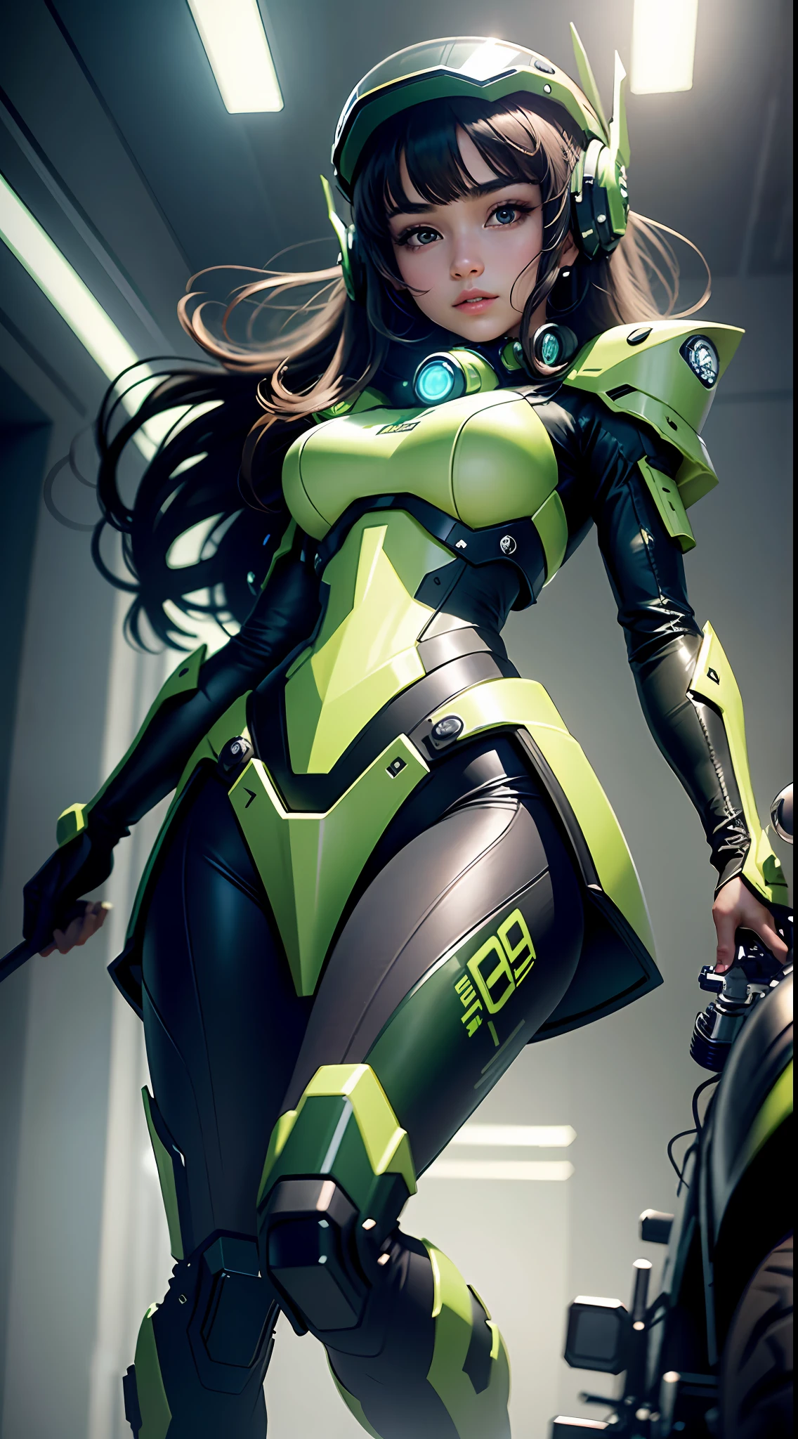 Highest image quality, outstanding details, ultra-high resolution, (realism: 1.4), the best illustration, favor details, highly condensed 1girl, with a delicate and beautiful face, dressed in a black and green mecha, wearing a mecha helmet, holding a directional controller, riding on a motorcycle, the background is a high-tech lighting scene of the future city.
