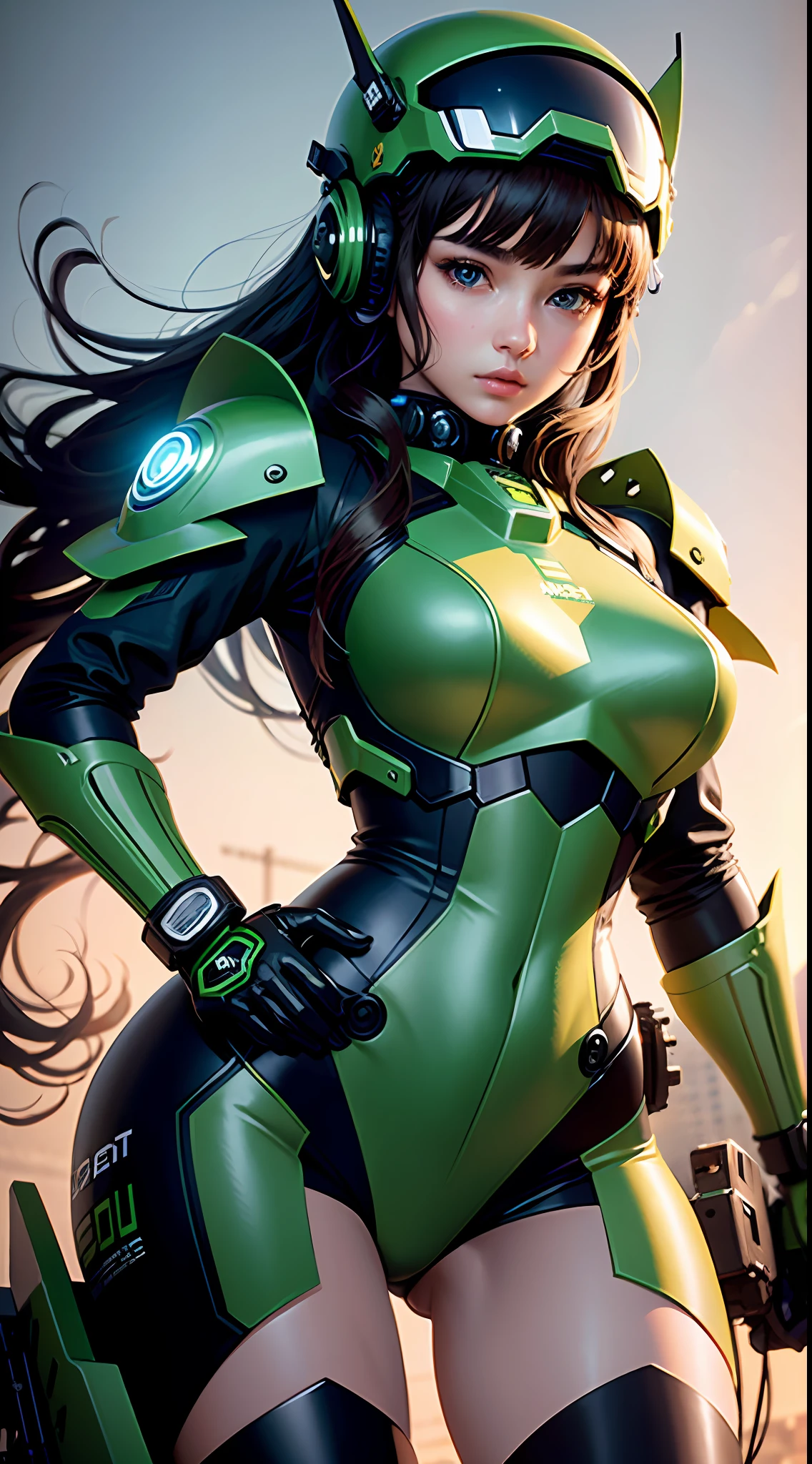 Highest image quality, outstanding details, ultra-high resolution, (realism: 1.4), the best illustration, favor details, highly condensed 1girl, with a delicate and beautiful face, dressed in a black and green mecha, wearing a mecha helmet, holding a directional controller, riding on a motorcycle, the background is a high-tech lighting scene of the future city.