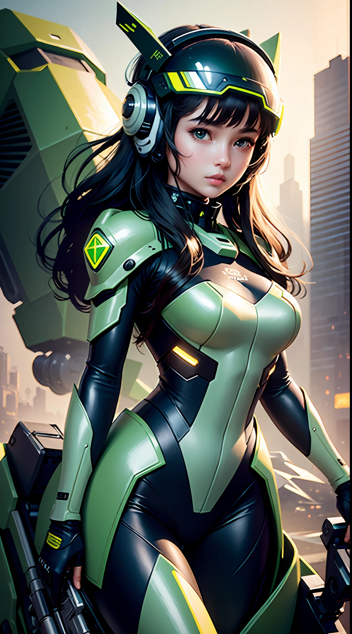 Highest image quality, outstanding details, ultra-high resolution, (realism: 1.4), the best illustration, favor details, highly condensed 1girl, with a delicate and beautiful face, dressed in a black and green mecha, wearing a mecha helmet, holding a directional controller, riding on a motorcycle, the background is a high-tech lighting scene of the future city.