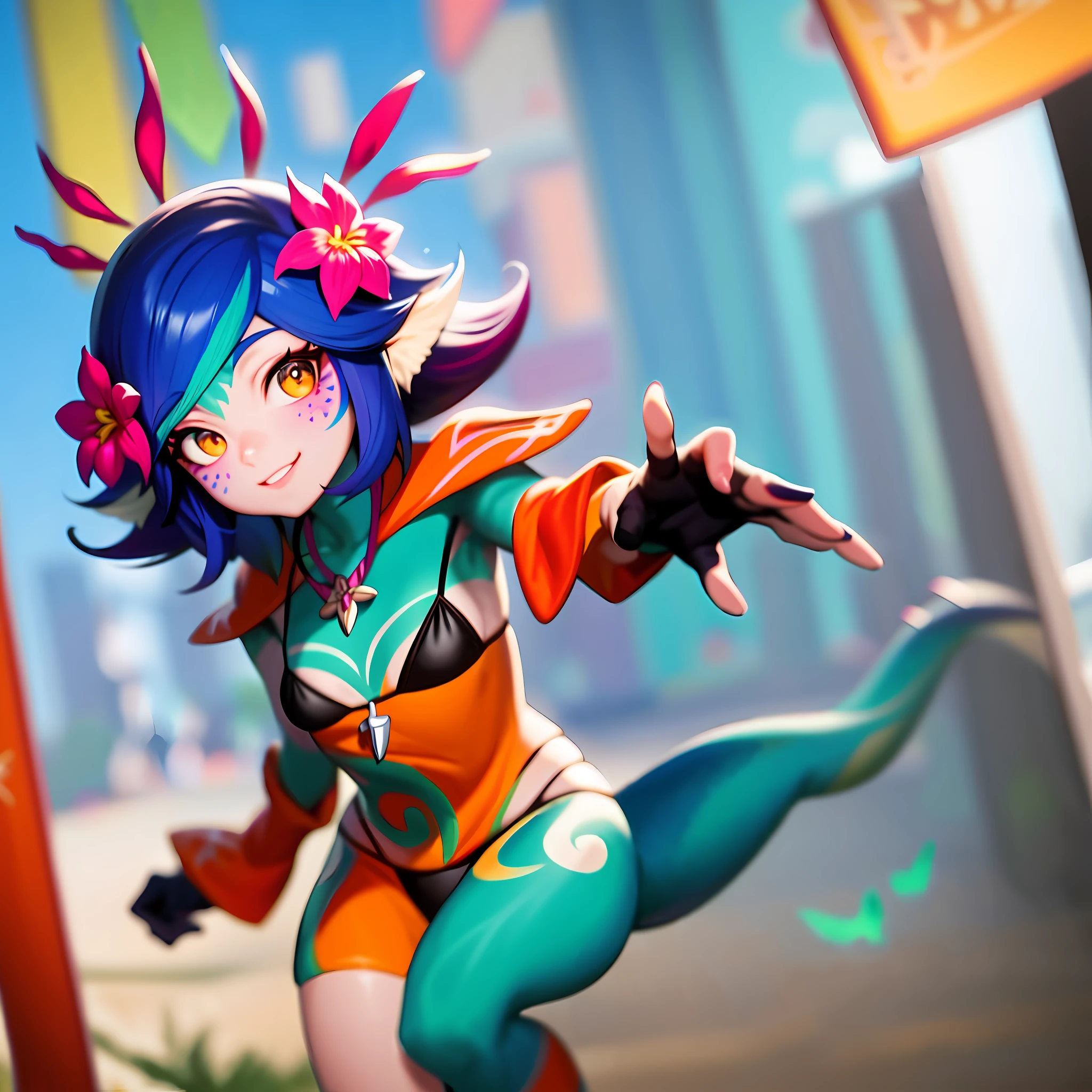 best illustration, illustration, vibrant colors, masterpiece, best quality, absurdities, 1girl, beautiful face, detailed eyes, looking at the viewer, contrapposto, sexy, full body, neeko, facial marks, hair ornaments, hair flower, necklace, lizard tail, multicolored skin, body painting, walking in public, with shame, red with shame, panting, smiling, in public, waving to strangers, teasing strangers, (( black micro-bikini)), walking on the street, in public, wearing black micro-bikini, black bikini, surrounded by people, confused