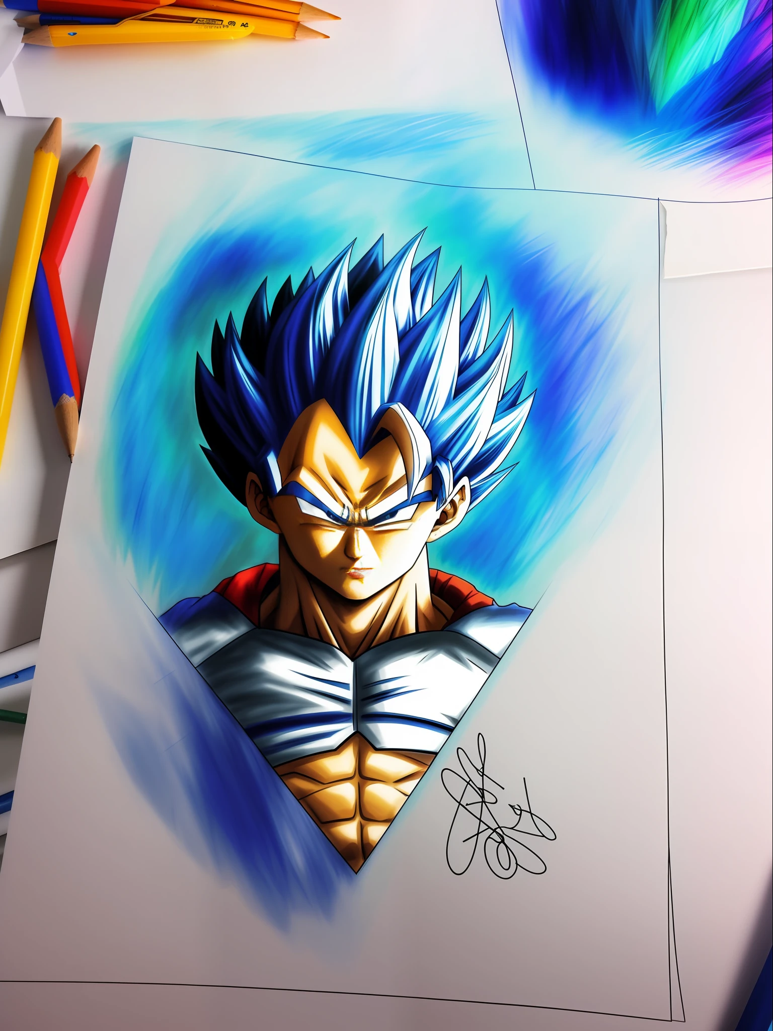 a closeup of a drawing of a blue haired goku, high quality colored sketch, vegeta, with vegeta head hair, super saiyan blue, an anime drawing, portrait of Vegeta, high quality fanart, inspired by Toriyama Sekien, dragonball character, Vegeta of dragon ball, anime drawing, highly detailed portrait of Vegeta, colorful drawing, Prince Vegeta.