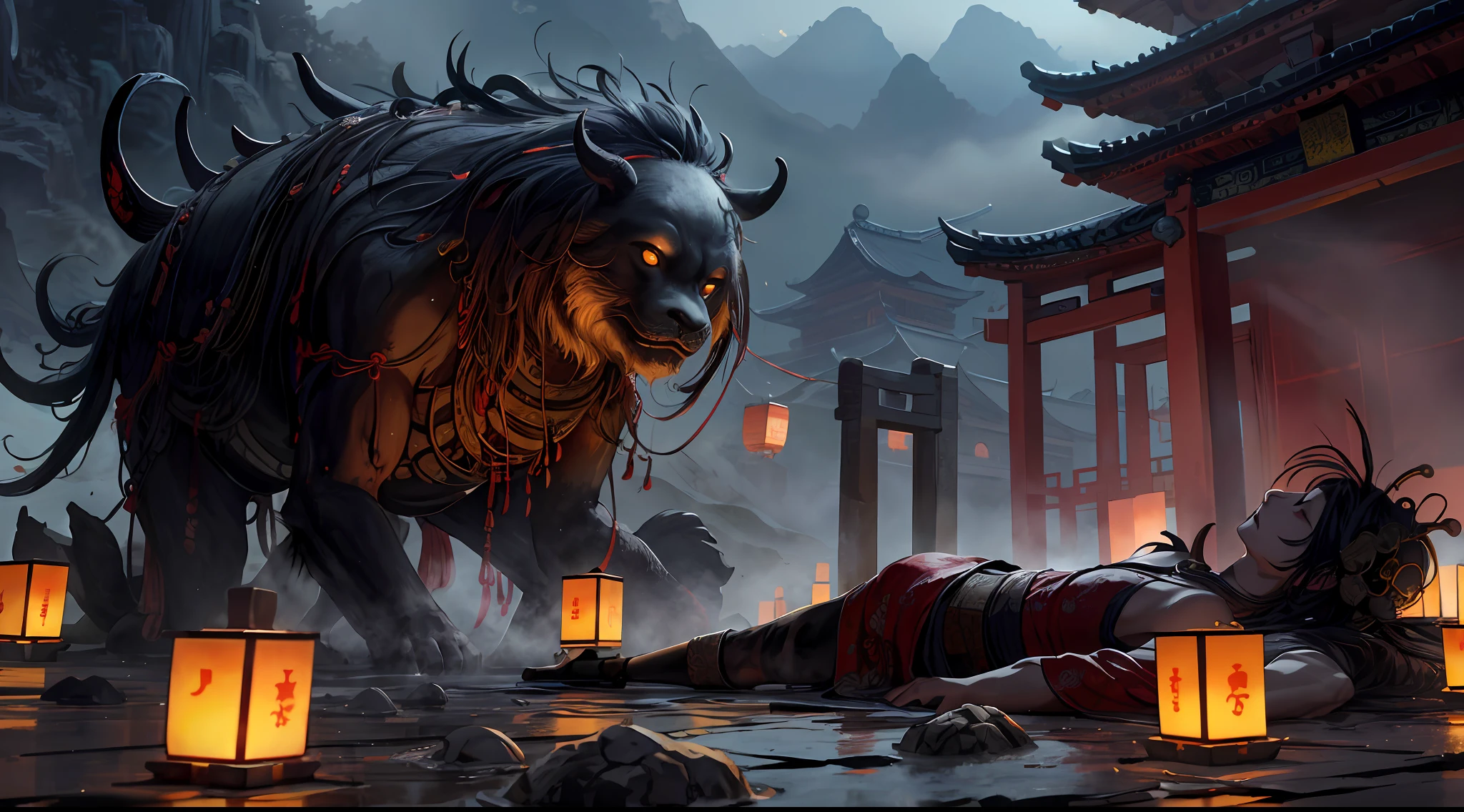 Ancient Chinese scenery, ((Thousand-hand Bodhisattva)), temples, (mysterious black fog), Journey to the West, ((Corpse)), ((Ancient monster)), (Ruined), (Battlefield)), (Blood stains), glazed tiles, Buddha statues, lanterns, absurdity, realistic lighting, (abyss) masterpiece, high quality, beautiful graphics, high detail,