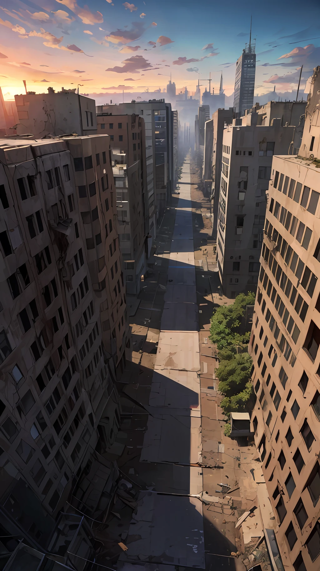 (masterpiece), (best quality), ((high resolution)), ((post-apocalyptic city)), wide shot, panorama, sunset, abandoned city, ghost town