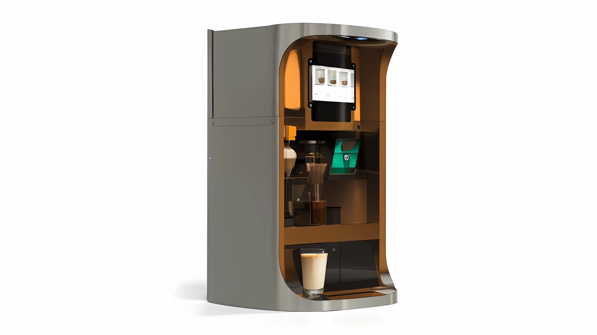 Futuristic coffee vending machine making (one) cup of coffee in airport waiting room, front view, 2023, glass front cover, photo-realistic (stainless steel) housing, internal pumps and components blurred, good looking, 3d render, octane render, futuristic, by electrolux, photo, masterpiece, airport counter background