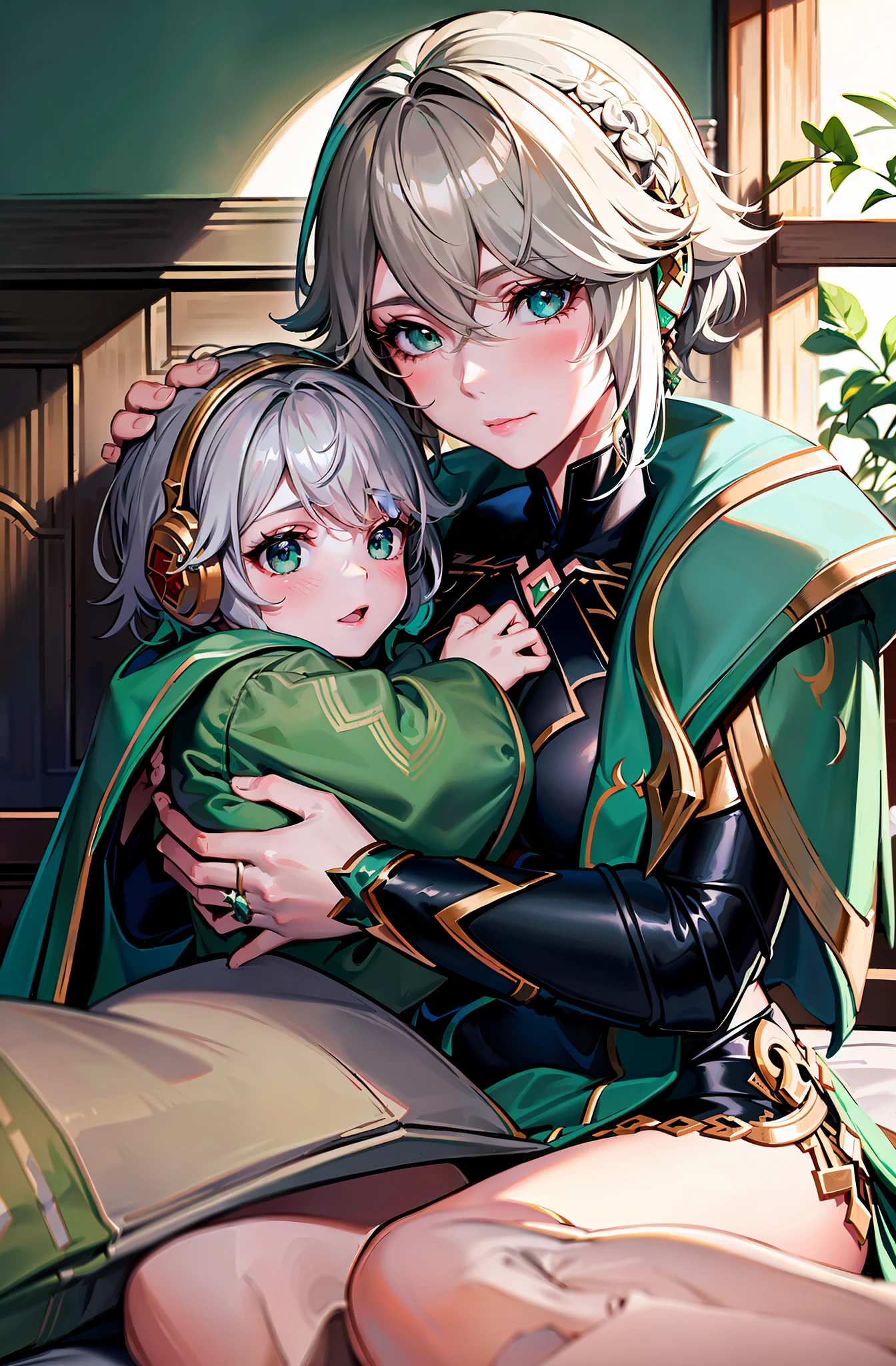(well detailed background) (best quality), (high quality), (masterpiece), 1girl, 1baby , alhaitham \(genshin impact\), grey hair, turquoise eyes, short hair, headphones, mature, exhausted expression, looking down at the baby, tired smile (a tired mother with green eyes lying on a bed on pillows fully covered with white sheets and blankets holding a baby in her arms), wearing simple green robe, nightgown robe, green nightwear, long sleeves, loose sleeves, indoor, bedroom, newborn baby, (a baby with red eyes and blonde hair), no armor, blonde baby