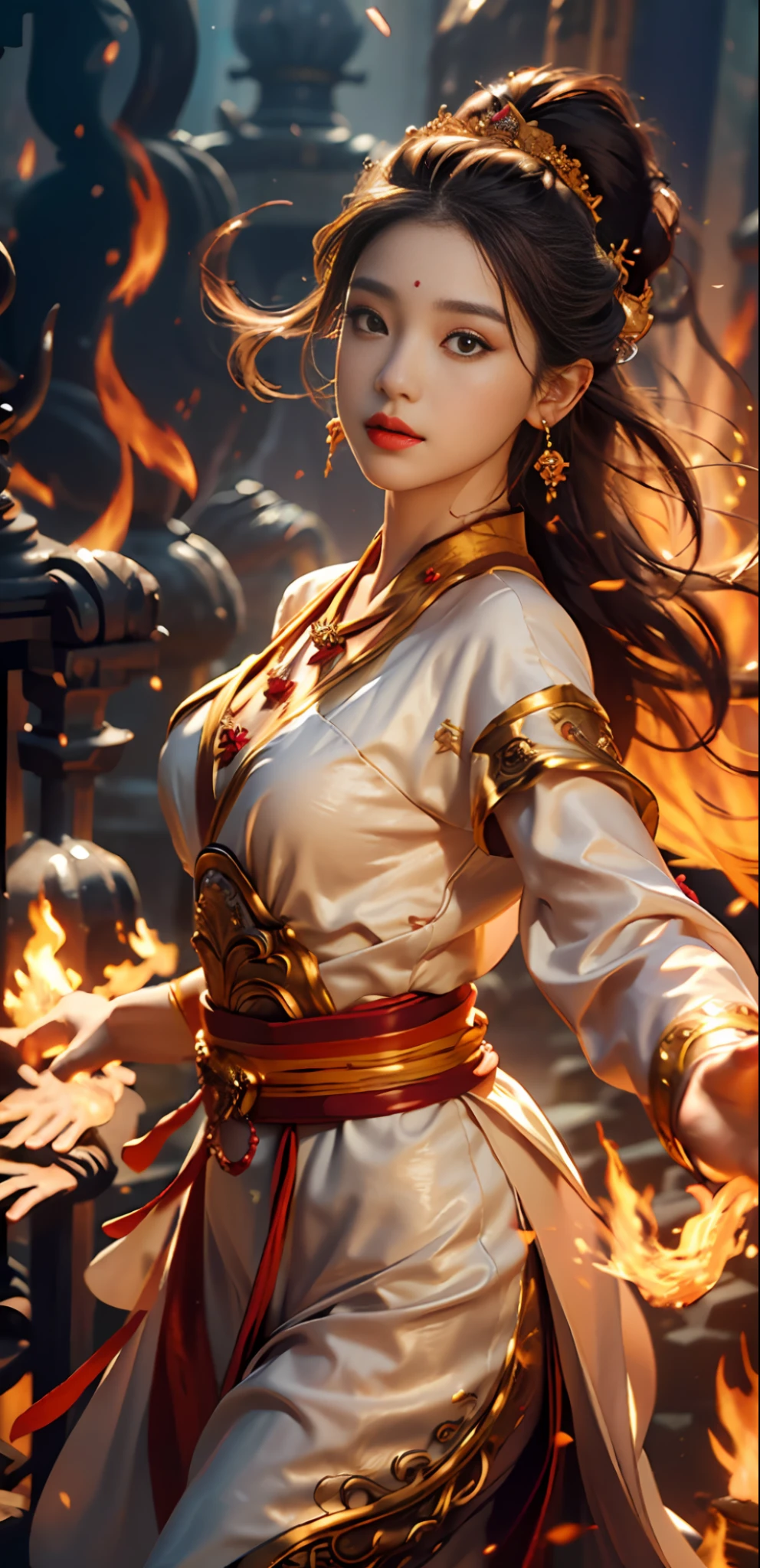 Best quality,masterpiece,ultra high res,(photorealistic:1.4)1girl,beautiful_face,detailed skin,full body,yuhuoshu,jewelry,solo,earrings,(fire:1.3),blurry,realistic,lips,