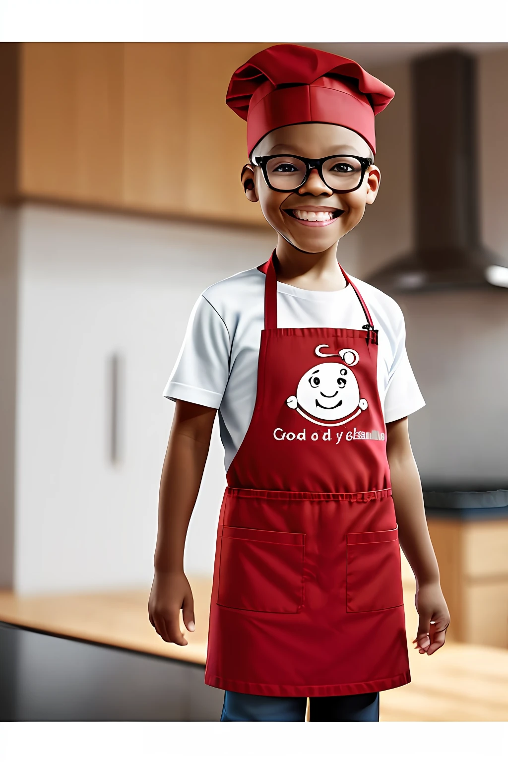 guttonerdvision3, Portrait of a 3-year-old boy in cook's outfit, red apron, red cap, half body, (((looking at the viewer)))), smiling, chibi style, kitchen setting, blurry background, depth of field, detailed, cartoon, alex ross drawing, unreal engine, 8k