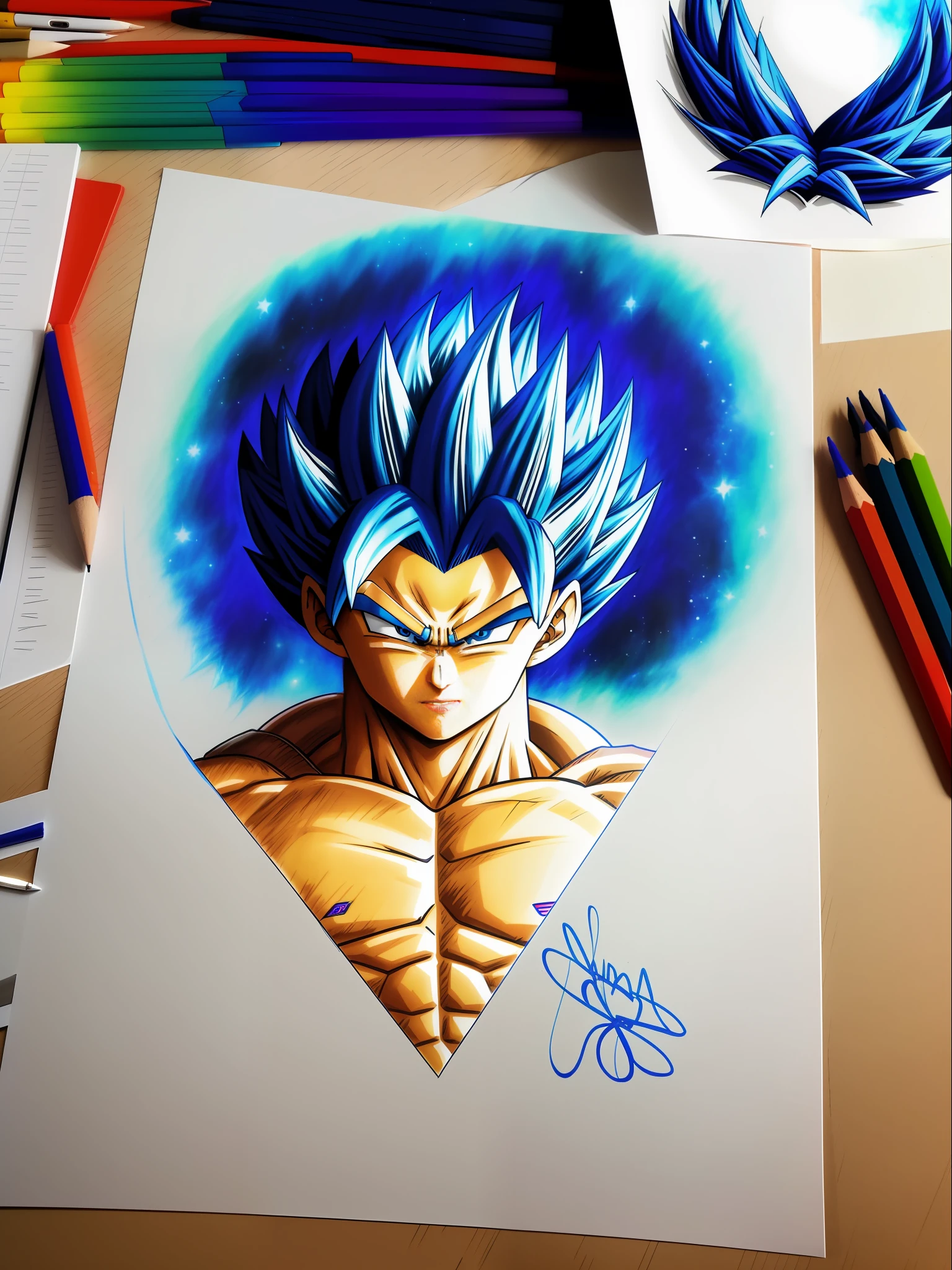 a closeup of a drawing of a blue haired goku, high quality colored sketch, vegeta, with vegeta head hair, super saiyan blue, an anime drawing, portrait of Vegeta, high quality fanart, inspired by Toriyama Sekien, dragonball character, Vegeta of dragon ball, anime drawing, highly detailed portrait of Vegeta, colorful drawing, Prince Vegeta.