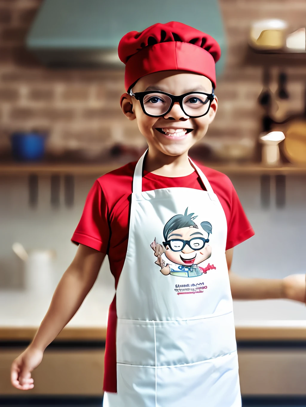 guttonerdvision3, Portrait of a 3-year-old boy wearing glasses, with cook's outfit, red apron, red cap, half body, (((looking forward)))), smiling, chibi style, kitchen setting, blurred background, depth of field, detailed, cartoon, drawing by alex ross, unreal engine, 8k