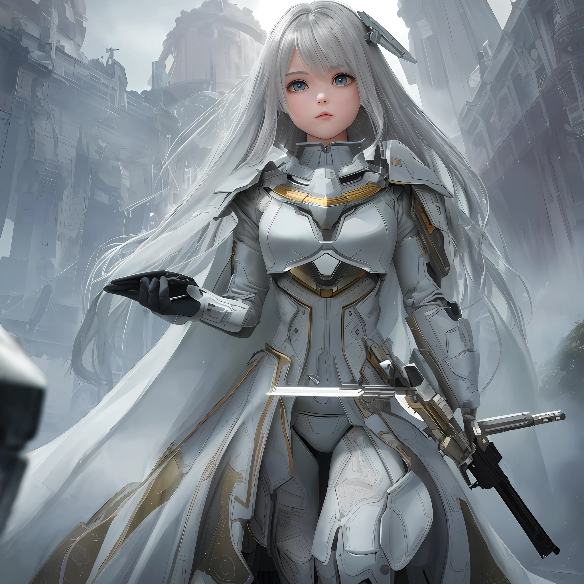 Masterpiece, Superlative, Illustration, {Beautifully Detailed Girl}, Beautifully Detailed Halo, (Warfire: 1.2), (Nuclear Explosion Behind: 1.3), Rain, Detailed Lighting, Detailed Water, (Beautifully Detailed Eyes: 1.1), Expressionless, Ruined City After Nuclear War, Sky blue hair, Tousled hair, Long bangs, Eyebrows, (Dirty Wedding Dress:1.1), White Ribbon, Futuristic Rifle, Upper abdomen, Large Forehead, dull, flower, long sleeve, bandage