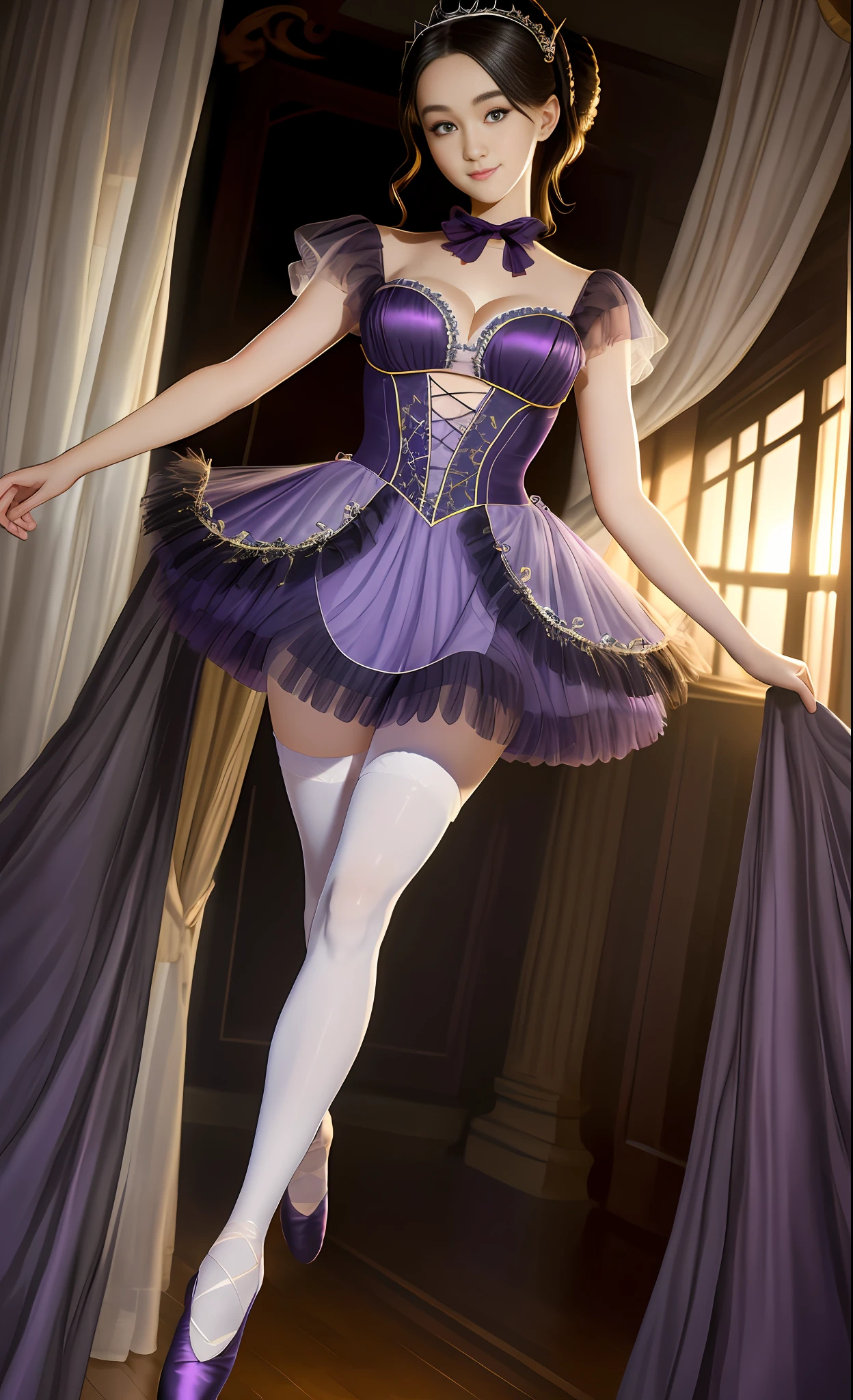 Absurd, high resolution, super detailed, (1 girl:1.3),
High fork swimsuit, ballet socks, tutu, looming feet, dark room, slim, pretty dreamy girl, looming bright purple thigh socks, silky texture, lace stocking edge, real photos, detailed eyes, pretty eyes, smile, full body perspective, detailed face, big boobs, real photos, realistic human body, realistic skin texture, cleavage:1.4, perfect light