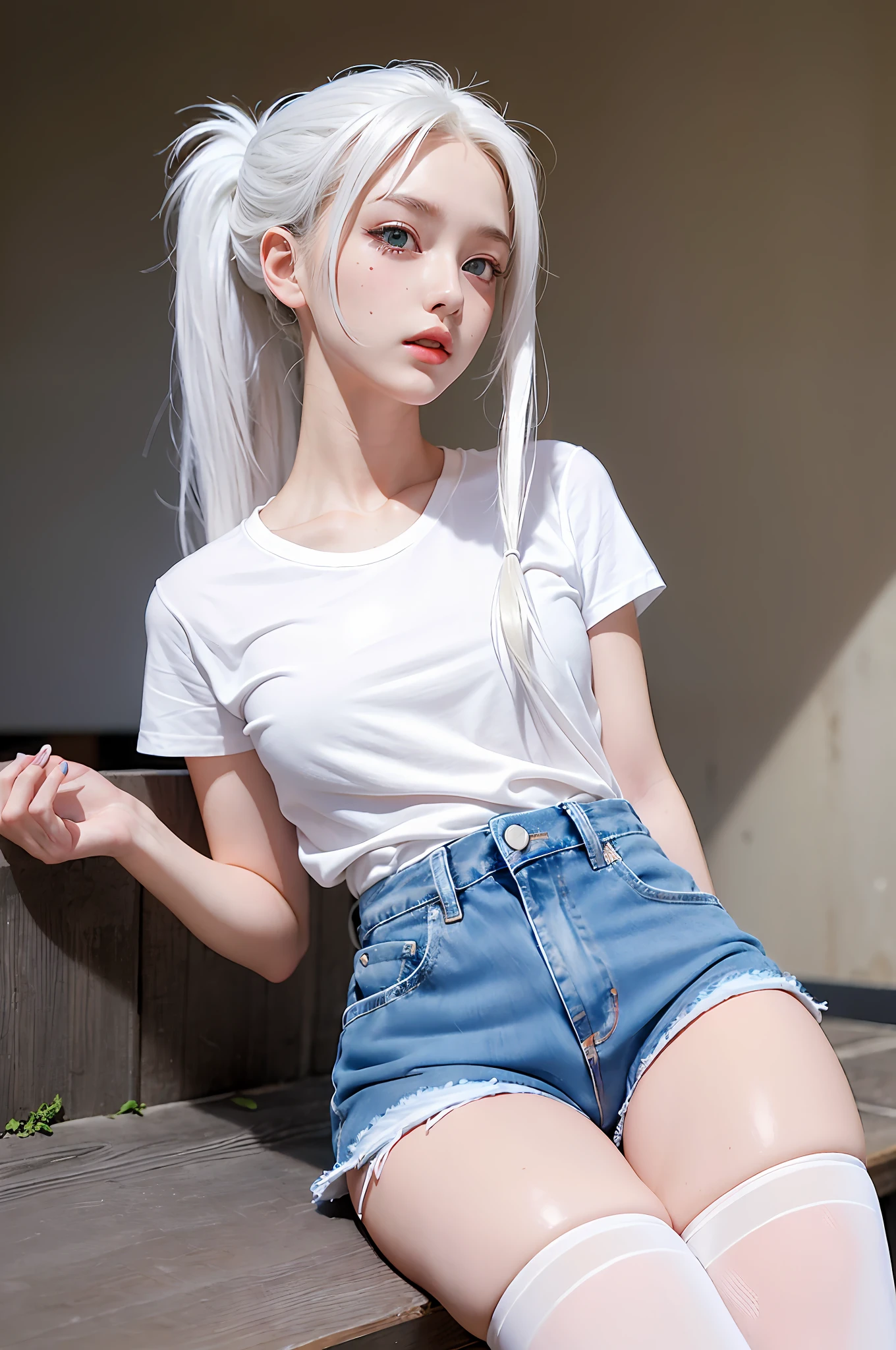 blond girl with white hair sitting on a bench with her legs crossed, perfect white haired girl, anime girl in real life, realistic young anime girl, with white long hair, girl with white hair, with long white hair, girl with short white hair, korean girl, realistic anime 3 d style, anime barbie in white, hyper realistic anime, pale hair, in white clothes