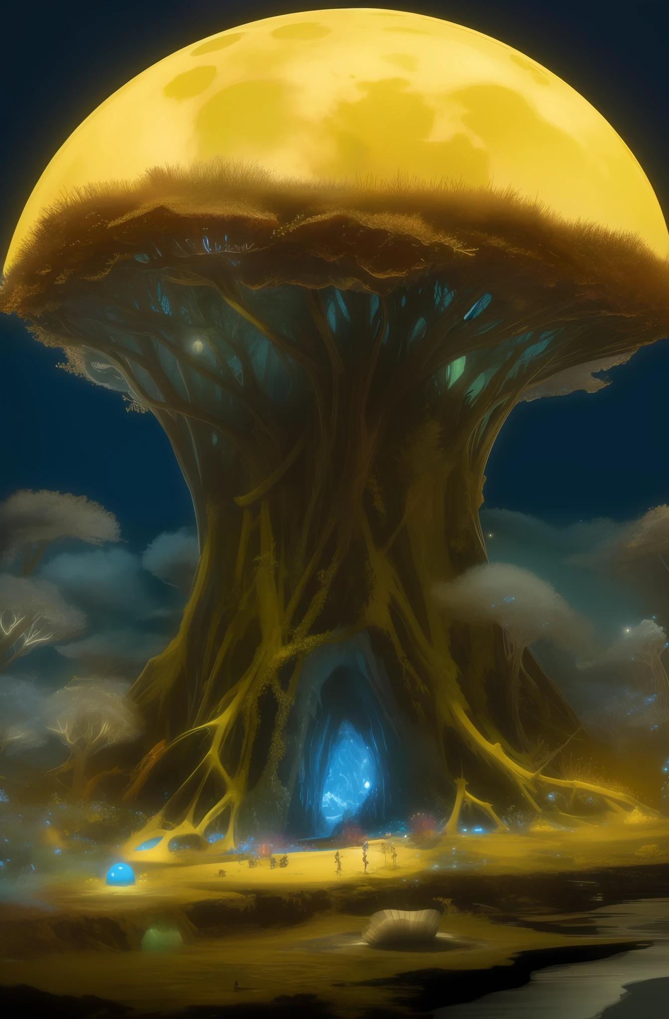 hyperdetailed glowing ant nest in a beach glowing sky nlood moon epic panoramic stunning intrincated bright liminal contrast