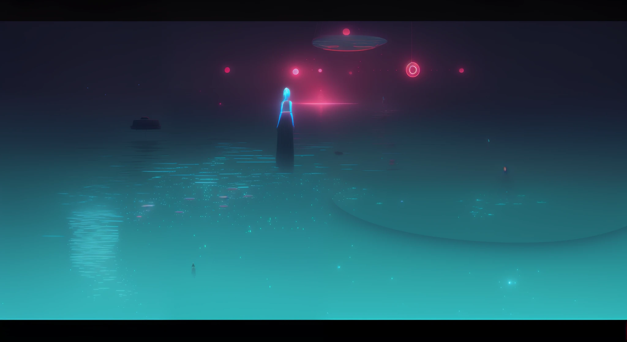 there is a woman that is standing in the water with a red light, beeple and greg rutkowski, beeple |, beeple and mike winkelmann, beeple artwork, style hybrid mix of beeple, greg beeple, beeple and tim hildebrandt, artgem and beeple masterpiece