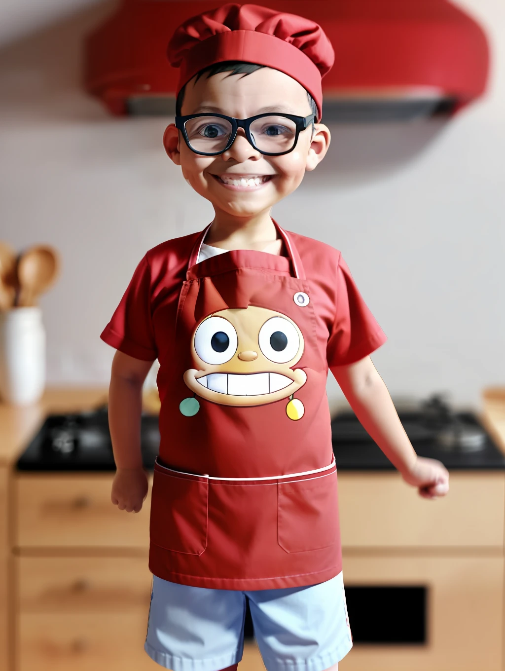 guttonerdvision3, Portrait of a 3-year-old boy wearing glasses, with cook's outfit, red apron, red cap, half body, (((looking forward)))), smiling, chibi style, kitchen setting, blurred background, depth of field, detailed, cartoon, drawing by alex ross, unreal engine, 8k