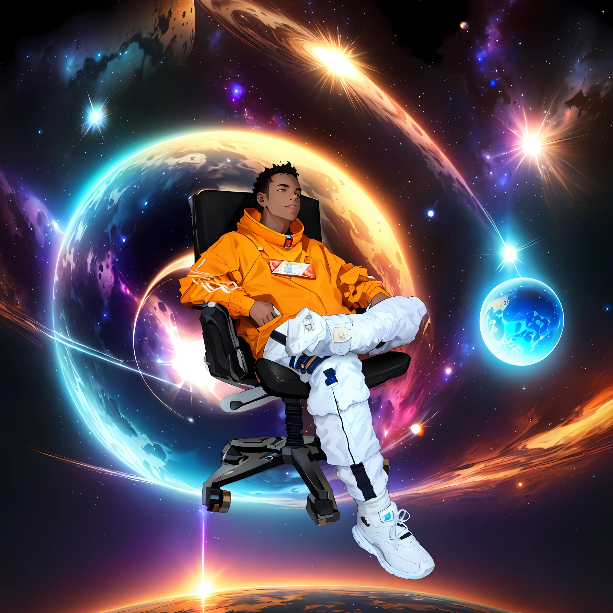 arafed man sitting in a chair in front of a space background, sitting on the cosmic cloudscape, wearing space techwear, twitch streamer / gamer ludwig, powerful woman sitting in space, 🚀🚀🚀, in the space, an astronaut relaxing in space, cosmic style, in space, floating in space, floating in outer space, floating in the cosmos nebula