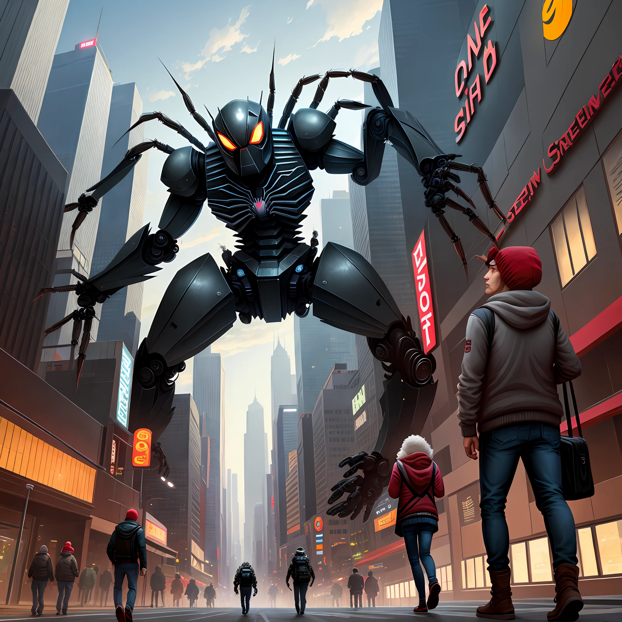 Giant robot spider, city and scared people
