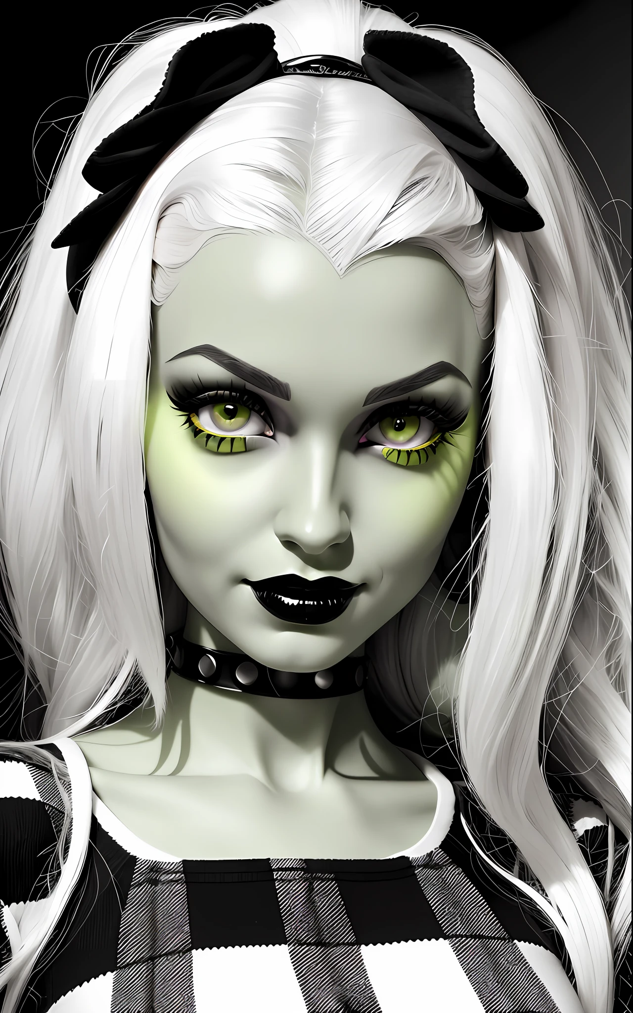 Frankie Stein, monster high, green skin, green eyes, soft lighting, black and white, black and white hair, Frankiestein's daughter, electric, red lips, plaid clothes, realistic