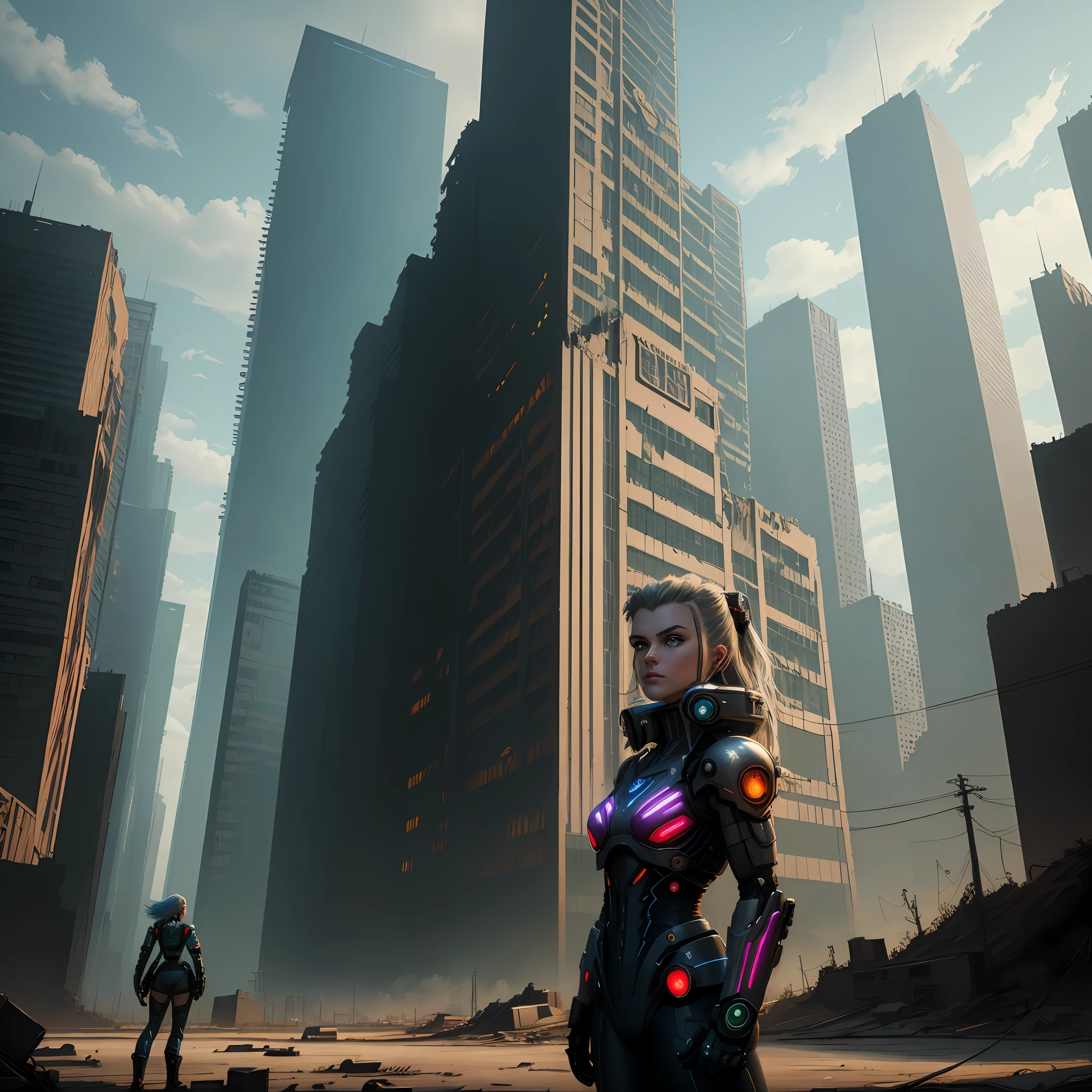Cyberpunk, abandoned city, mecha, beautiful girl, majestic twin peaks, cyborg tiger, armed with super electromagnetic cannon