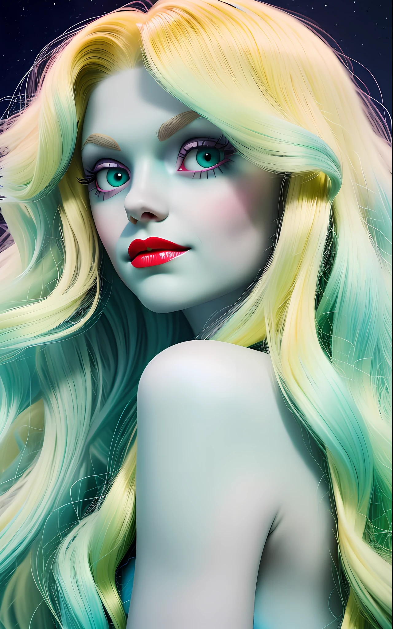 Lagoona Blue, Monster high, Blonde and yellowish hair, Soft lighting, Sea monster, Red lips, gills, no bangs, Curly hair, realistic
