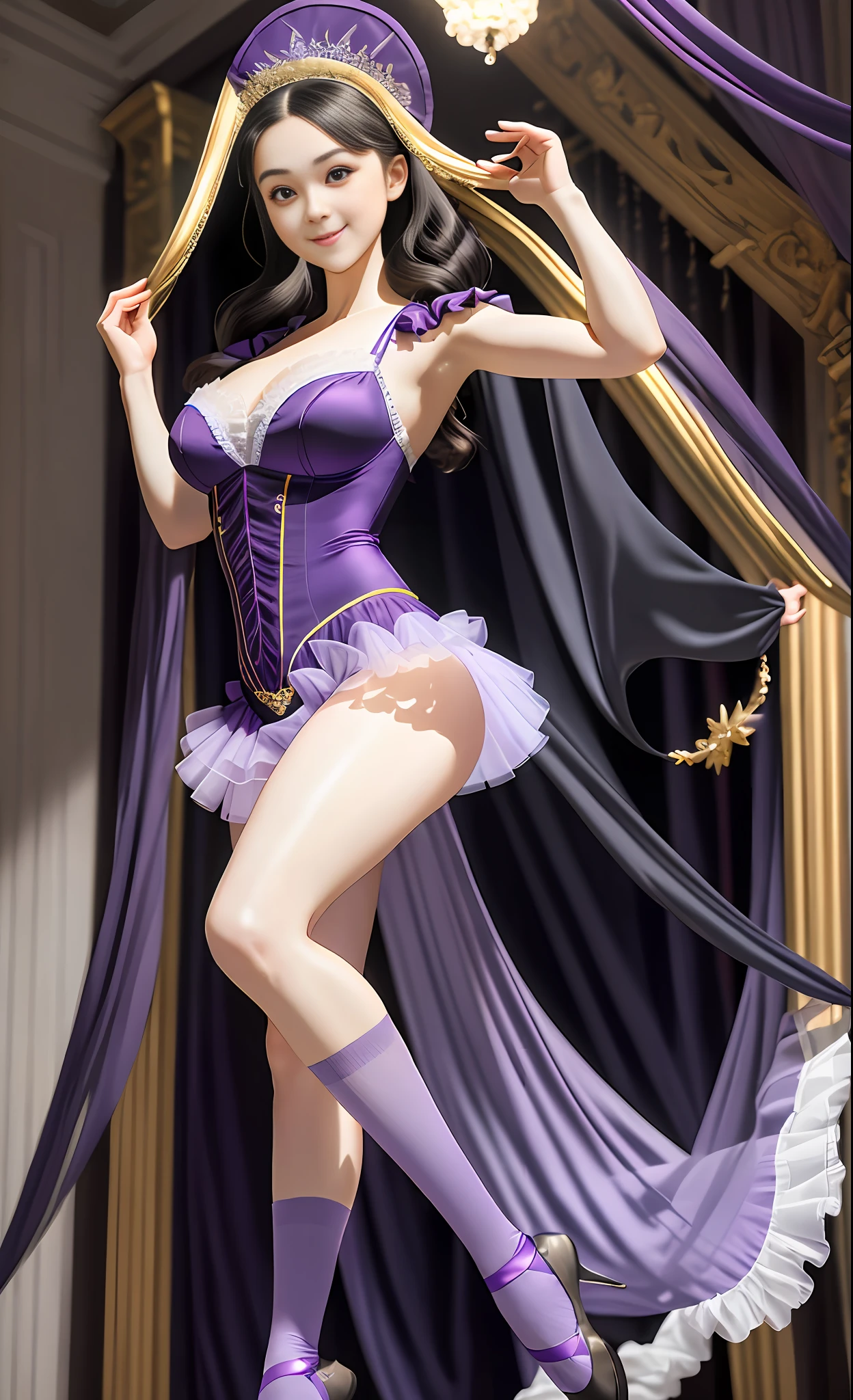 Ridiculous, high resolution, super detailed, (1 girl: 1.3),
High fork swimsuit, black ballet socks, purple tutu, looming feet, bright classroom, slim, pretty dream girl, looming bright purple thigh socks, silky texture, lace stocking edge, real photo, detailed eyes, pretty eyes, smile, full body perspective, detailed face, big boobs, real photos, realistic human body, realistic skin texture, cleavage: 1.4, perfect light, perfect thighs, perfect calves, detailed face