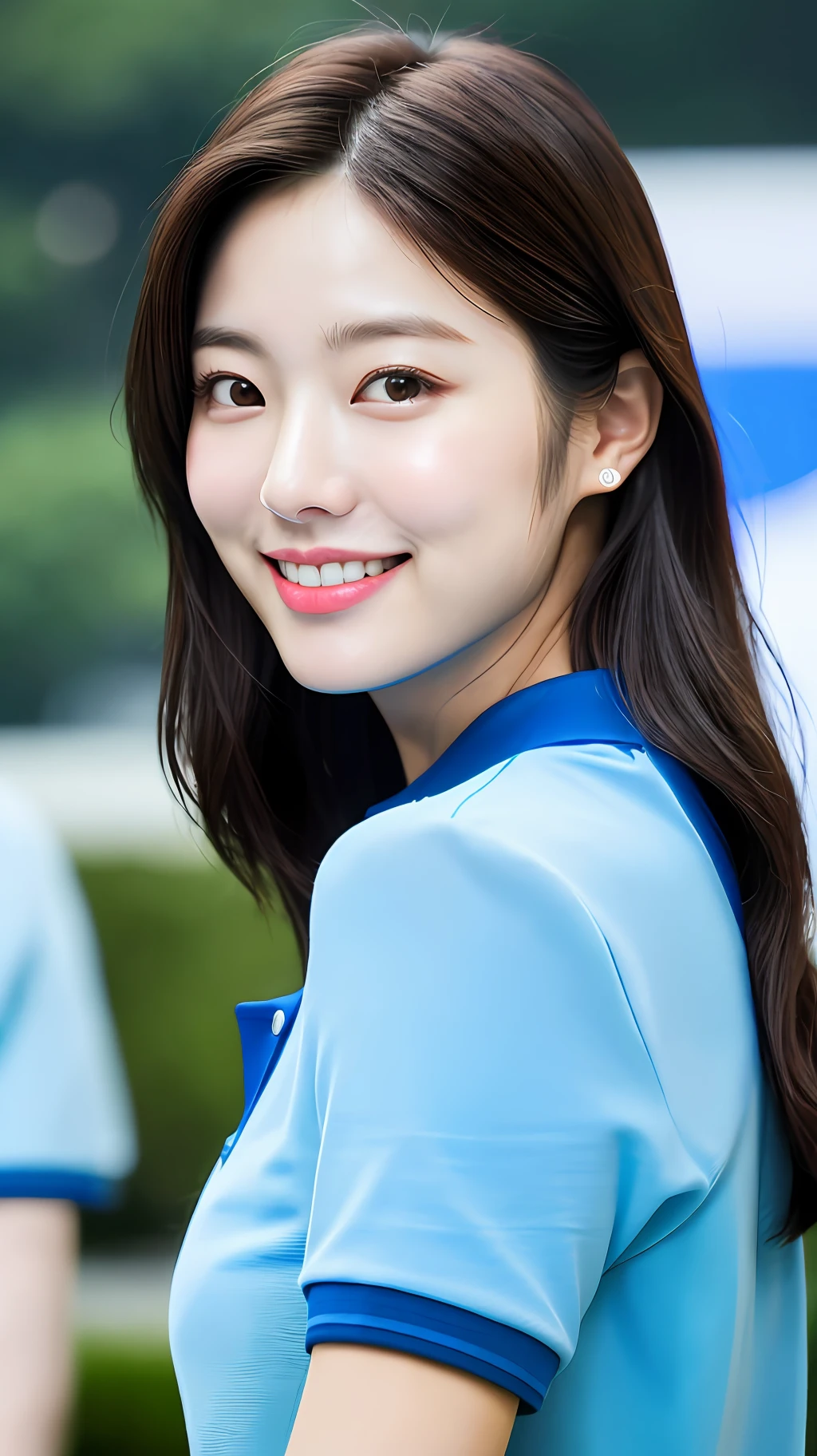 realistic photos of (1 cute Korean star) Shoulder-length hair, thin makeup, medium breasts size, slightly smile, blue polo shirt, clear facial features, 16K, RAW photo, from side, bokeh, caustics, cinematic lighting, blending, UHD, masterpiece, highres