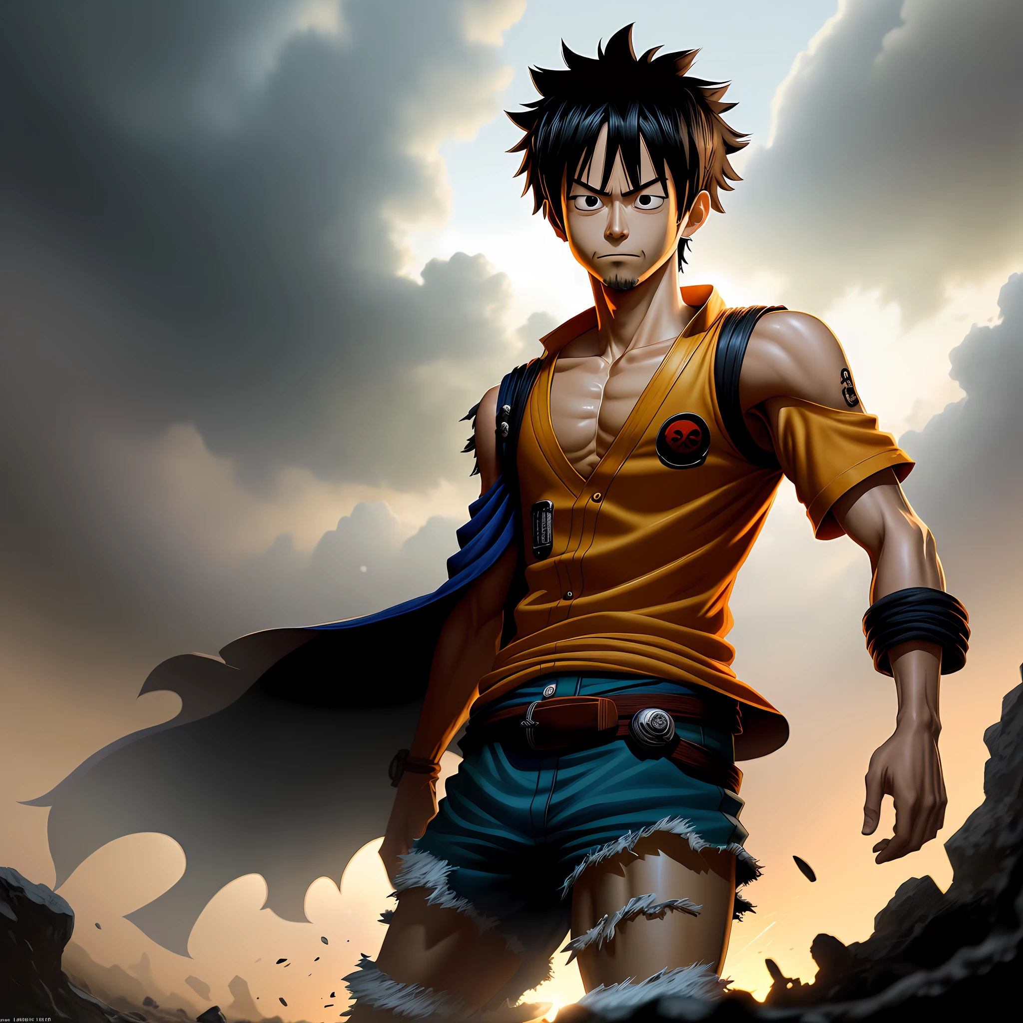 (((Eiichiro Oda ))), image of ultra detailed portrait of a luffy high quality cell shaded illustration in post apocalyptic style by Eiichiro Oda , full body, dynamic pose, perfect ???????, centered, freedom, soul, approach to perfection, cell shading, 8k , cinematic dramatic atmosphere, watercolor painting, global illumination, detailed and intricate environment, artstation, concept art, fluid and sharp focus, volumetric lighting, cinematic lighting, Art by Eiichiro Oda