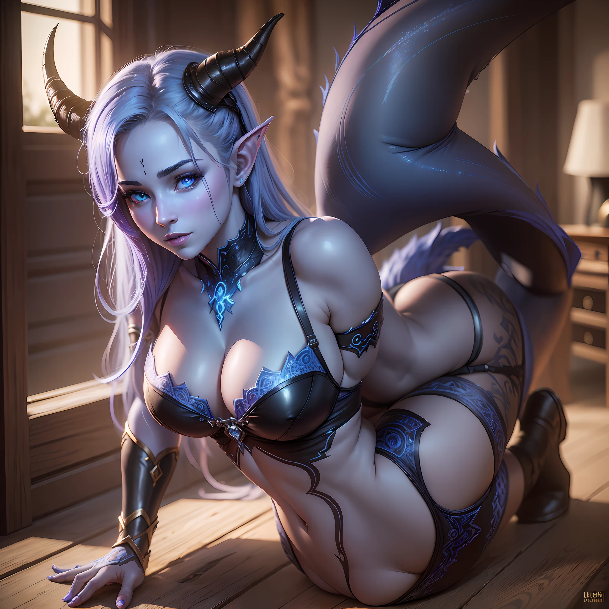 ((masterpiece,best quality)),wallpaper,HDR,high-definition,[[[[Intricate Details]]]],cinematic,photorealistic,1girl, curvy, Draenei, blue skin, tail, horns, glowing eyes, thong, black thigh socks,