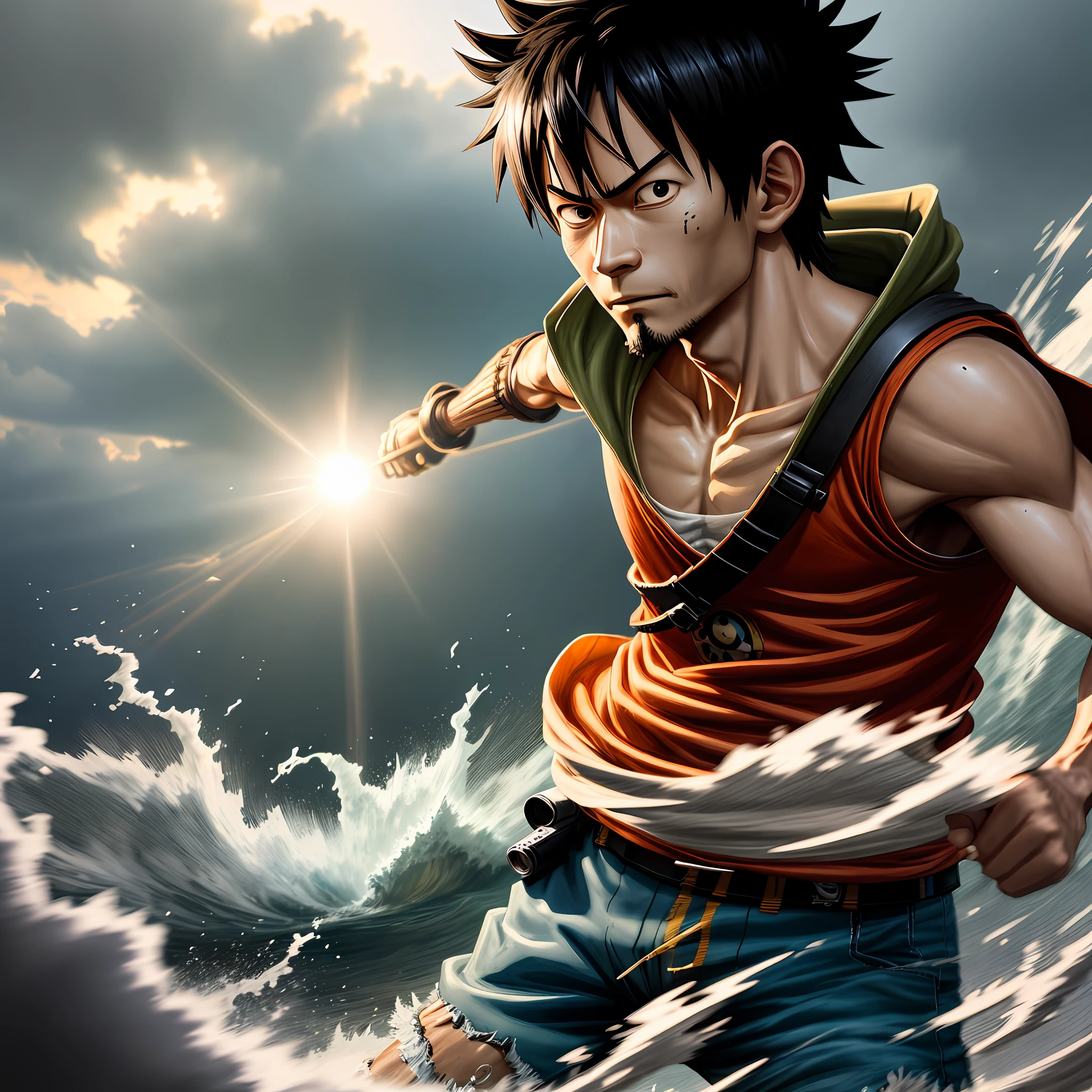 (((Eiichiro Oda ))), image of ultra detailed portrait of a luffy high quality cell shaded illustration in post apocalyptic style by Eiichiro Oda , full body, dynamic pose, perfect ???????, centered, freedom, soul, approach to perfection, cell shading, 8k , cinematic dramatic atmosphere, watercolor painting, global illumination, detailed and intricate environment, artstation, concept art, fluid and sharp focus, volumetric lighting, cinematic lighting, Art by Eiichiro Oda