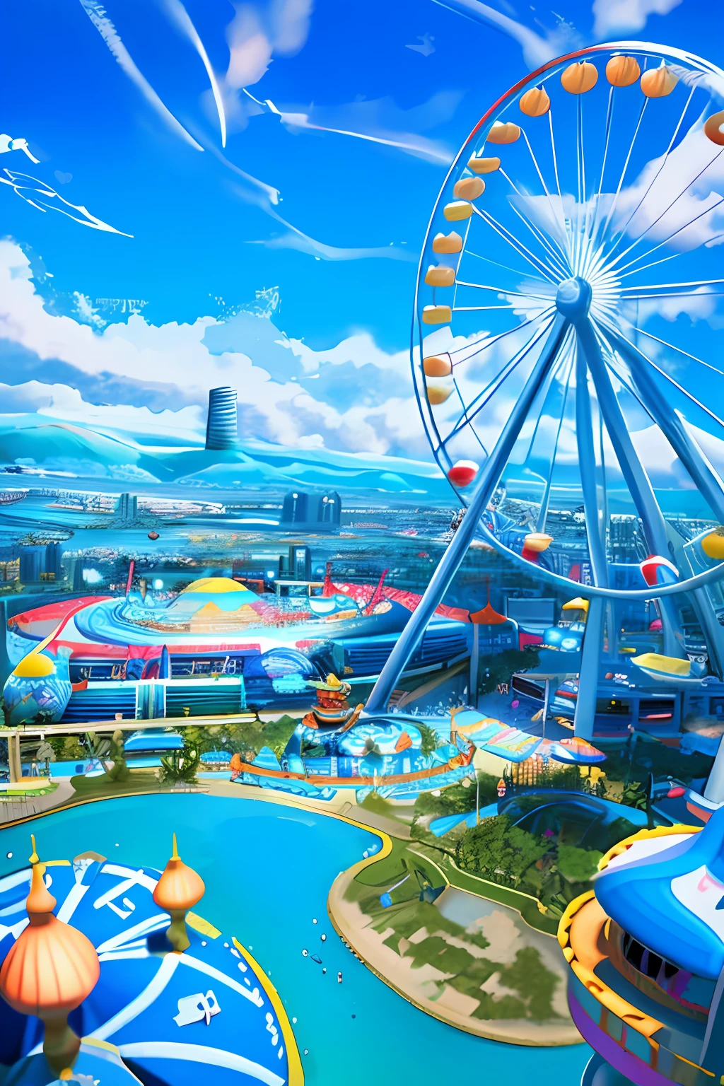 sky city, Amusement park on the white clouds, colorful, fanciful, futurism, blue sky, movie lighting, ultro detailed
