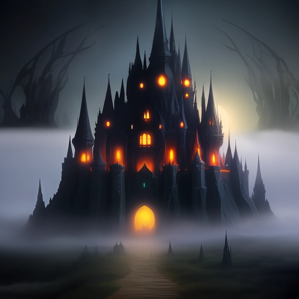 anthill, fantasy, dark castle, fog, night, nebular