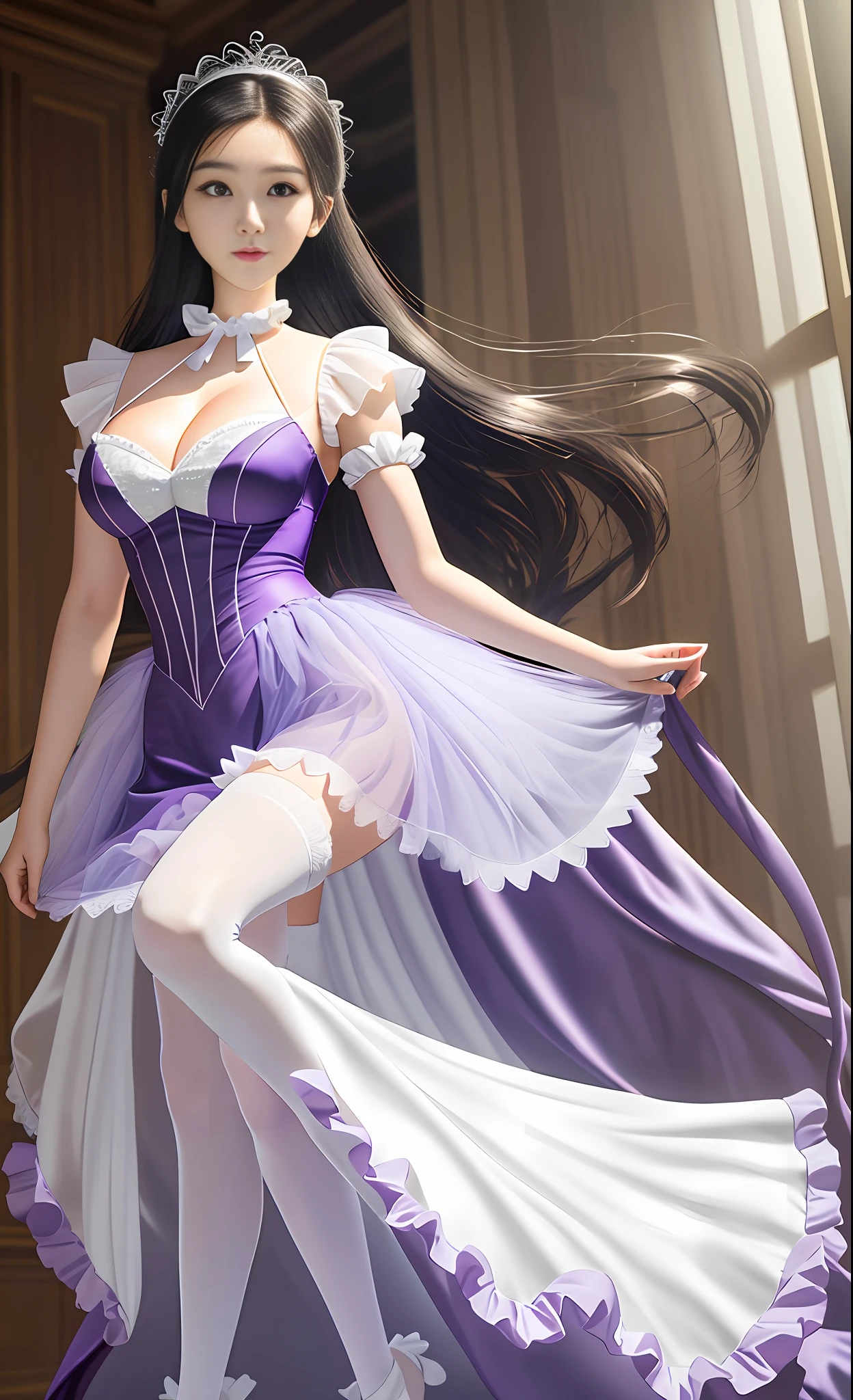 Ridiculous, high resolution, super detailed, (1 girl: 1.3),
High fork swimsuit, white tutu pantyhose, purple tutu, looming feet, bright classroom, slim, pretty dream girl, looming bright purple thigh socks, silky texture, lace stocking edge, real photo, detailed eyes, pretty eyes, blush, full body perspective, detailed face, big boobs, real photos, realistic human body, realistic skin texture, cleavage: 1.4, perfect light, perfect thighs, perfect calves, detailed face