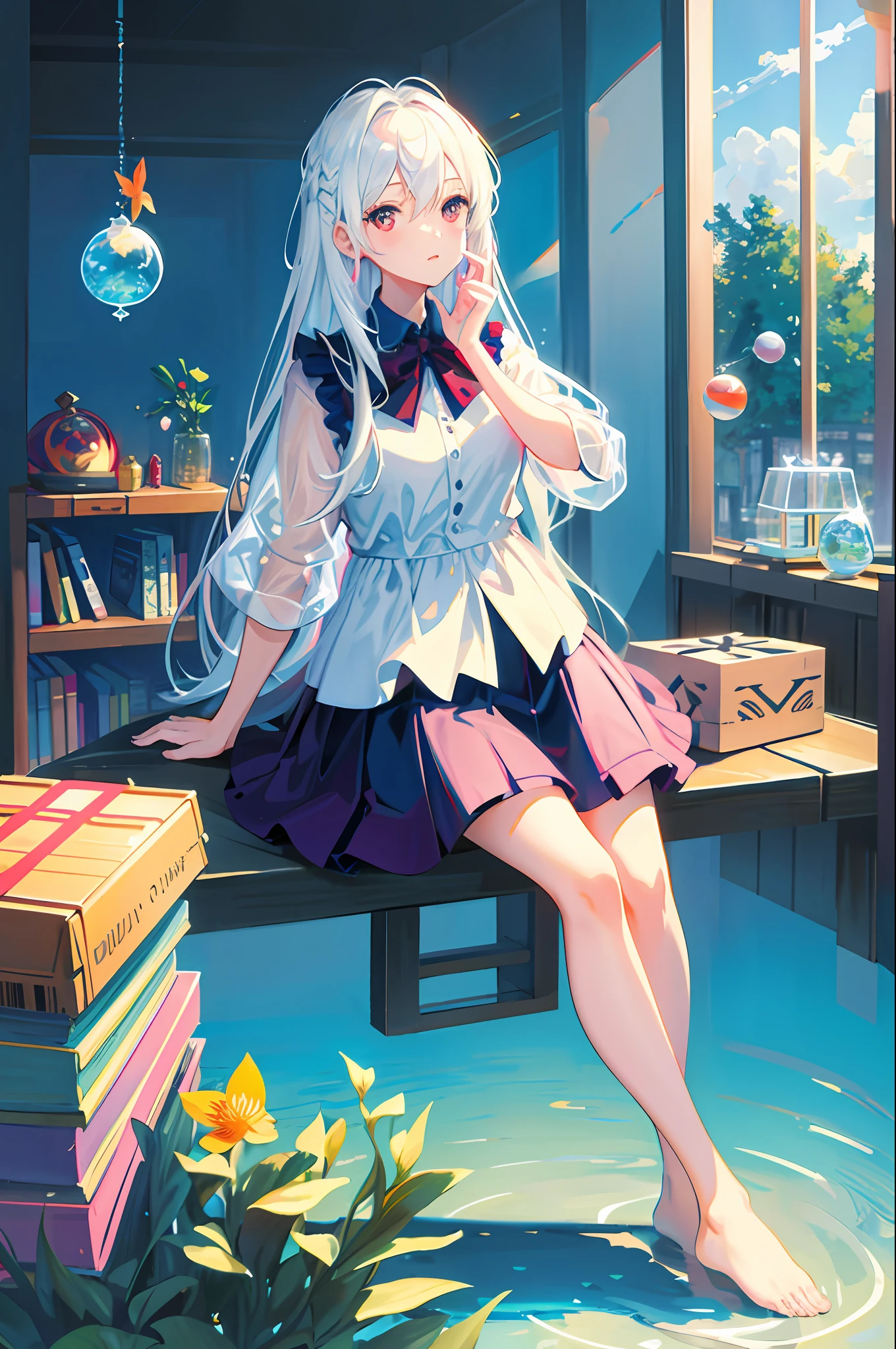[(transparent background:1.5) :5], (())), ((best quality)), ((best quality)), ((best quality)), illustration, 1 girl, solo, colorful, vivid color, shiny, underwater transparent sealed hemispherical glass dome, white hair, red eyes, full body, bare feet, long hair, serene nature, koi, underwater, dome, close-up, dynamic motion, lens perspective, ( ((Box composition)), sitting cross-legged - leaning on a bookshelf, (arm+hand+1 thumb+4 fingers), (Impressionism: 1.4)