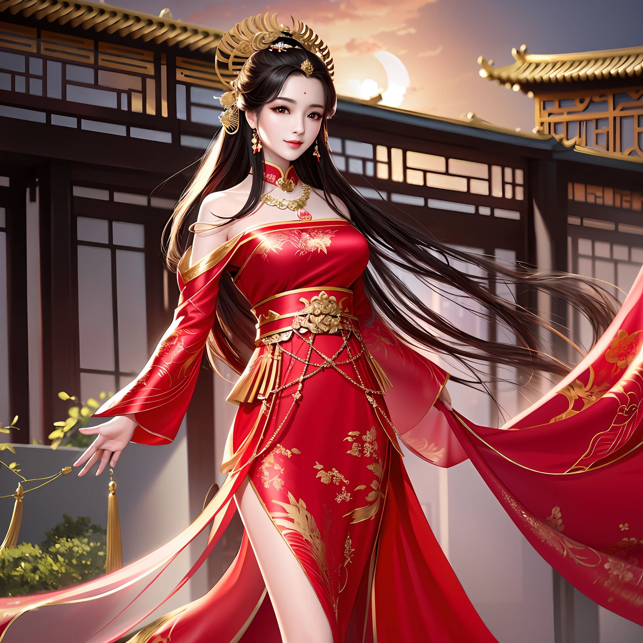 best quality, masterpiece, highres, 1girl,china dress,Beautiful face,hair ornament, solo,looking at viewer,smile,closed mouth,lips,china dress,dress,hair ornament, necklace, jewelry, long hair, earrings, chinese clothes,architecture,east asian architecture,building,outdoors,rooftop,city,cityscape