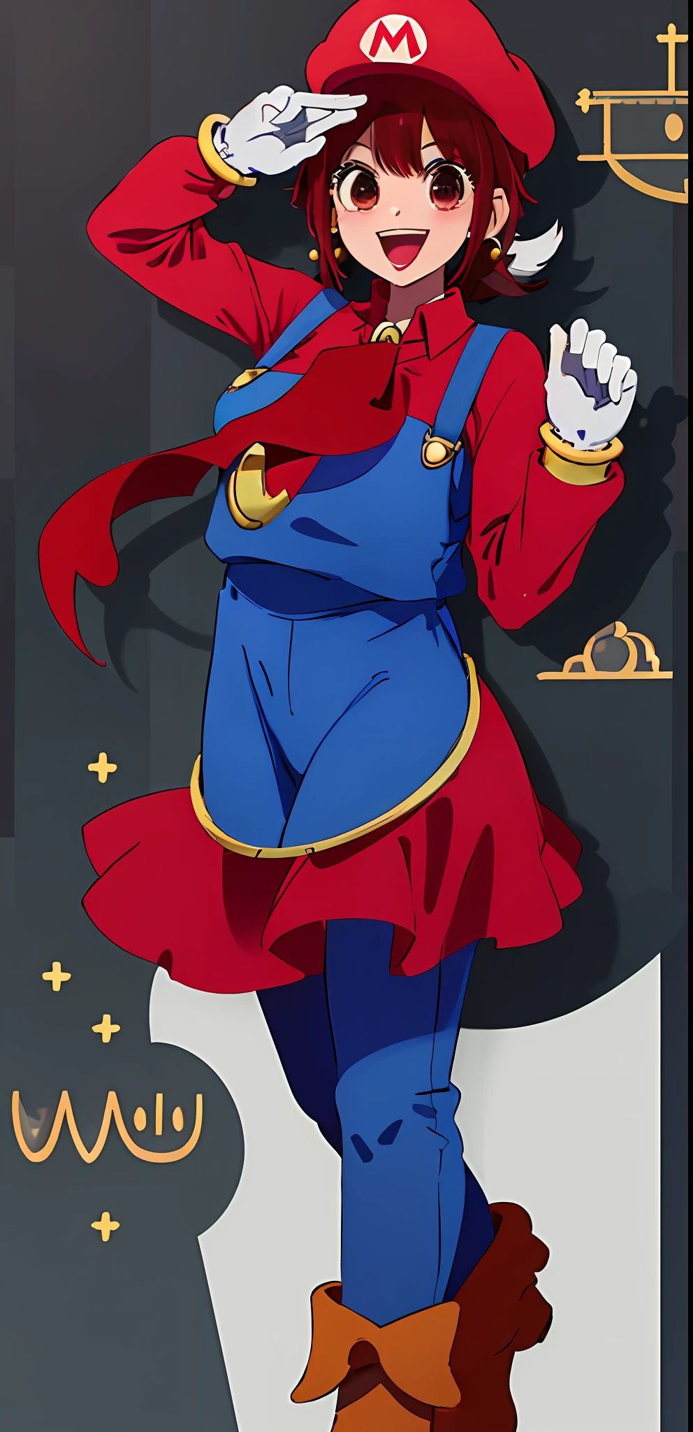 1girl masterpiece, best quality, solo, (super mario (cosplay):1.2), Mario (cosplay):1.2, red cap:1.1, blue overall, red shirt, brown boots, :d, Arima kana, medium breast, white gloves, gold marble earrings, jumping