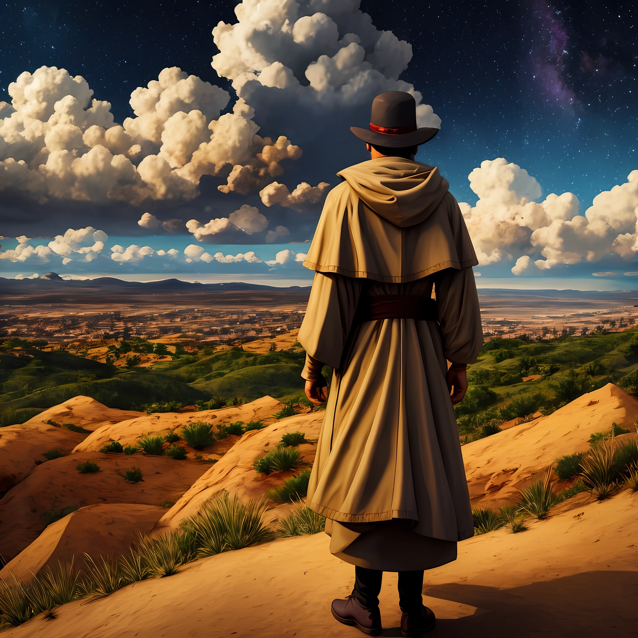 (((masterpiece))), ((high quality)), high details, a modern warlock standing on a hill far away from a distant lit city pointing to the stars